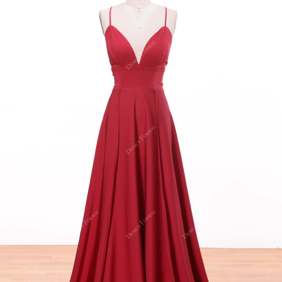 Red Spaghetti Straps Empire Imported Satin Simple A-Line Prom Dress