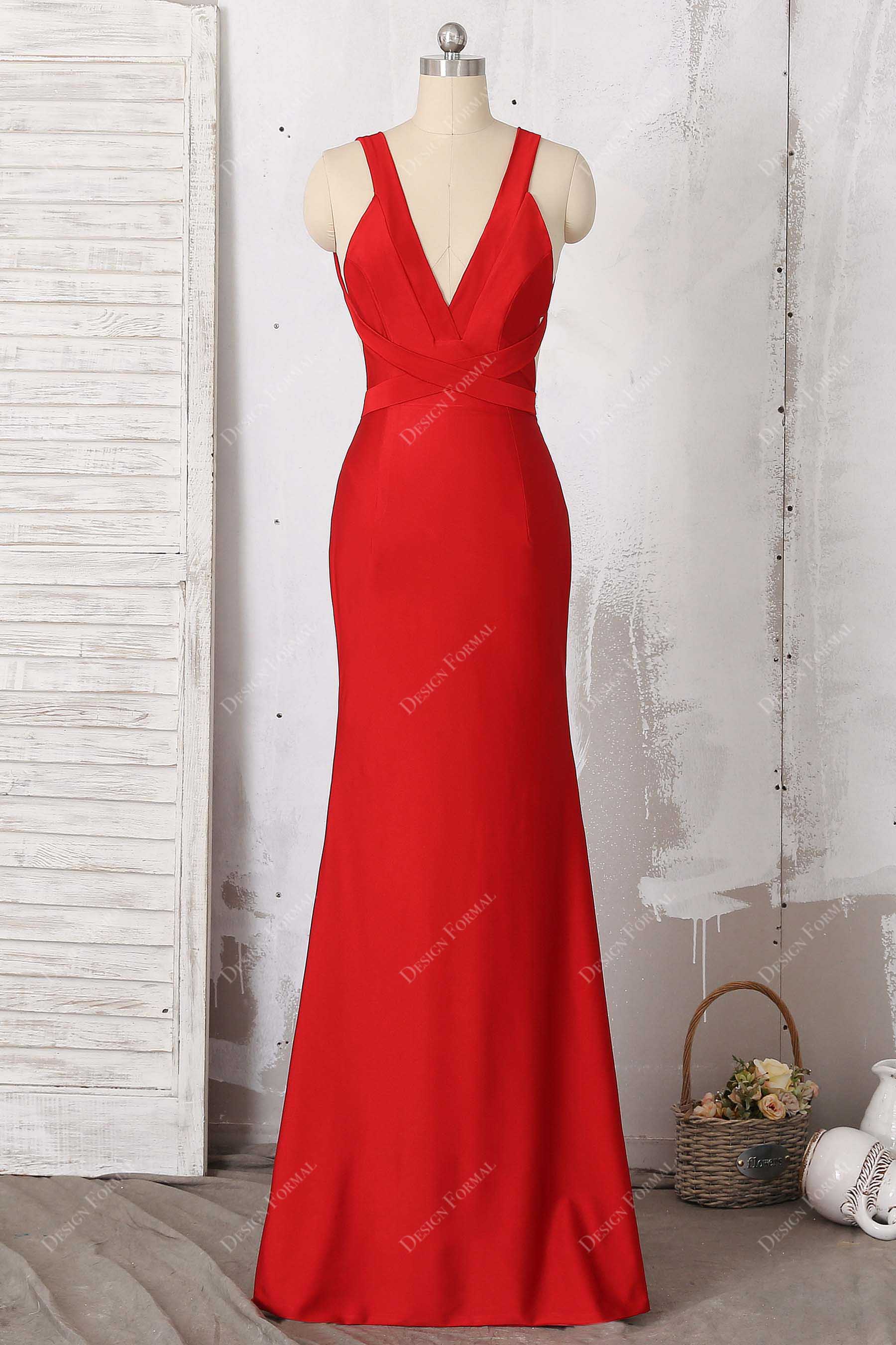 red jersey V-neck fit and flare prom dress