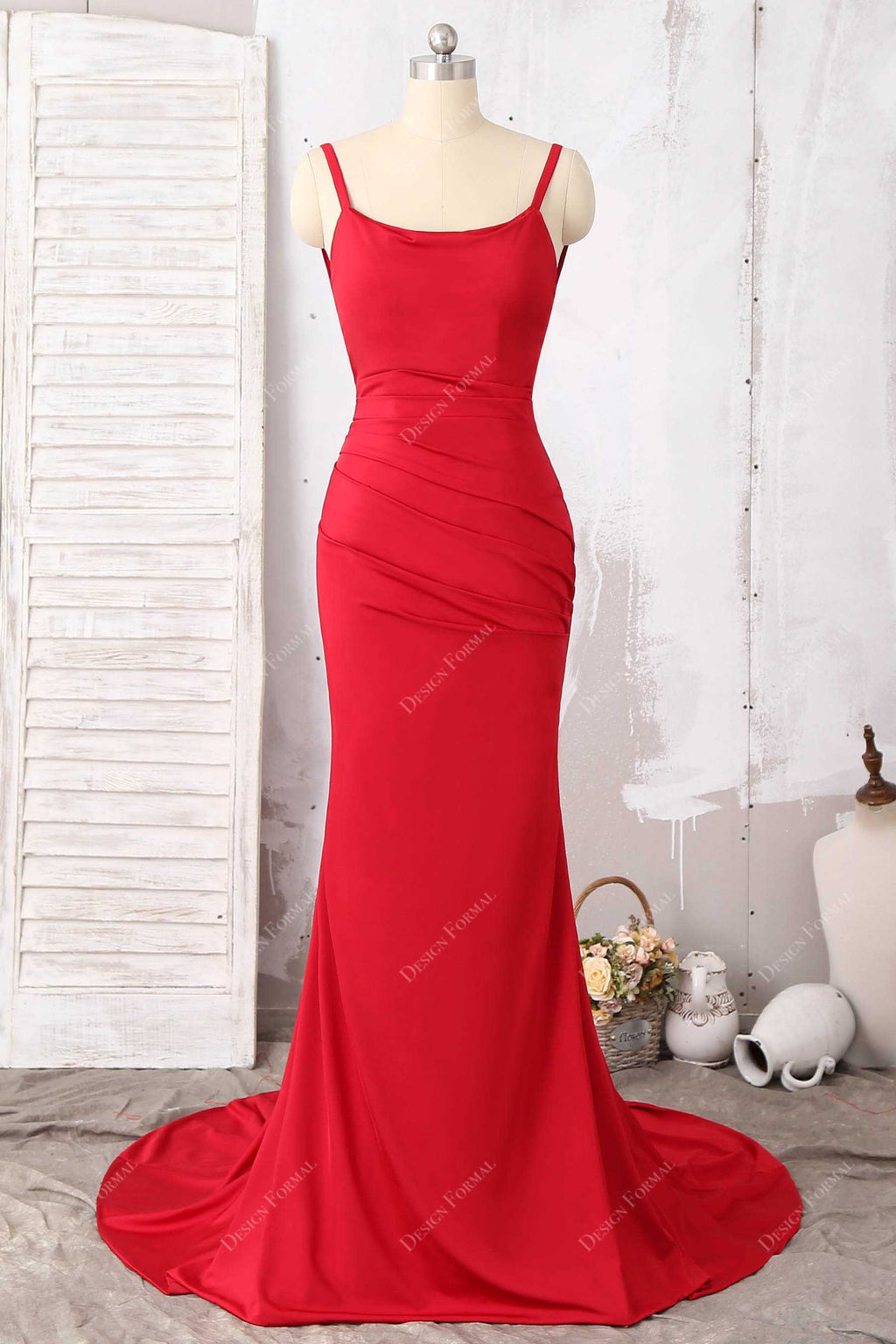 Plunge Red Jersey Gold Lace Cutout Back Dramatic Mermaid Prom Dress