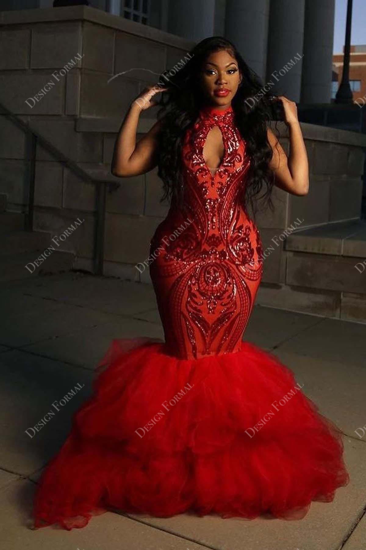 Keyhole Halter Red Sequin Trumpet Tulle Prom Dress