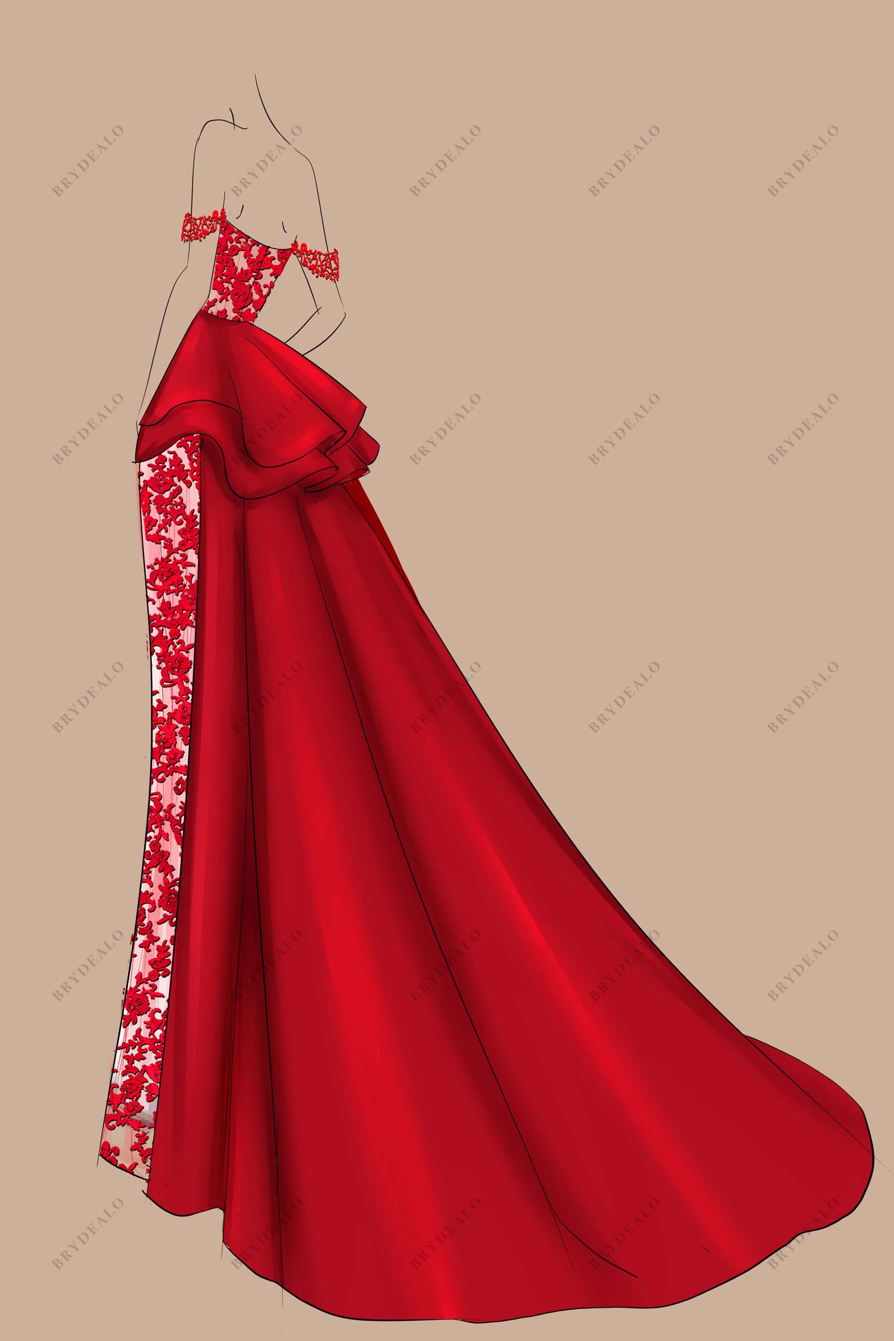 A-line Satin Overskirt Red Off Shoulder Prom Dress Sketch