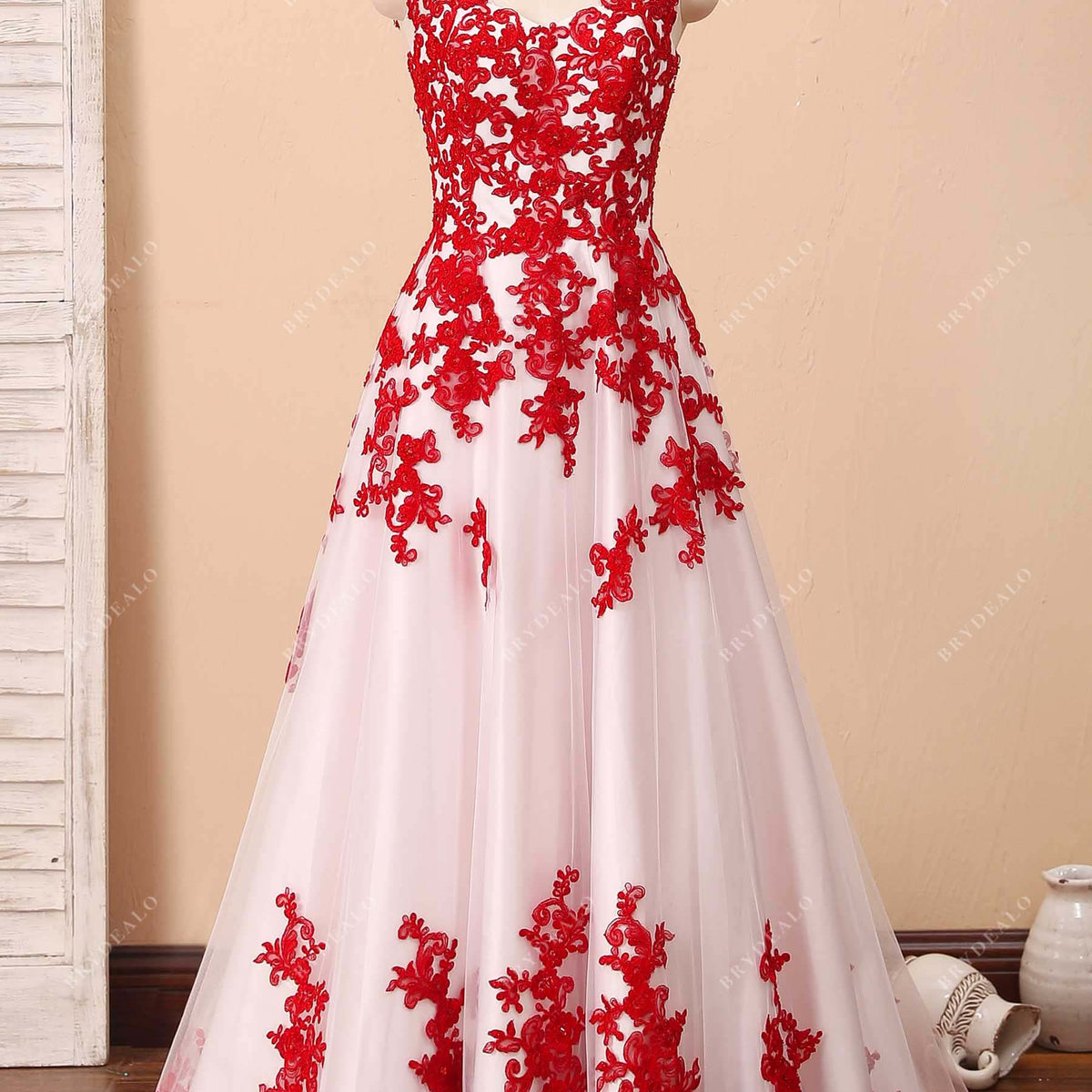 Fancy Red Lace White Satin V-neck Tank Sleeve Wedding Dress, Red Fancy Red Lace White Satin V-neck Tank Sleeve Wedding Dress, Red