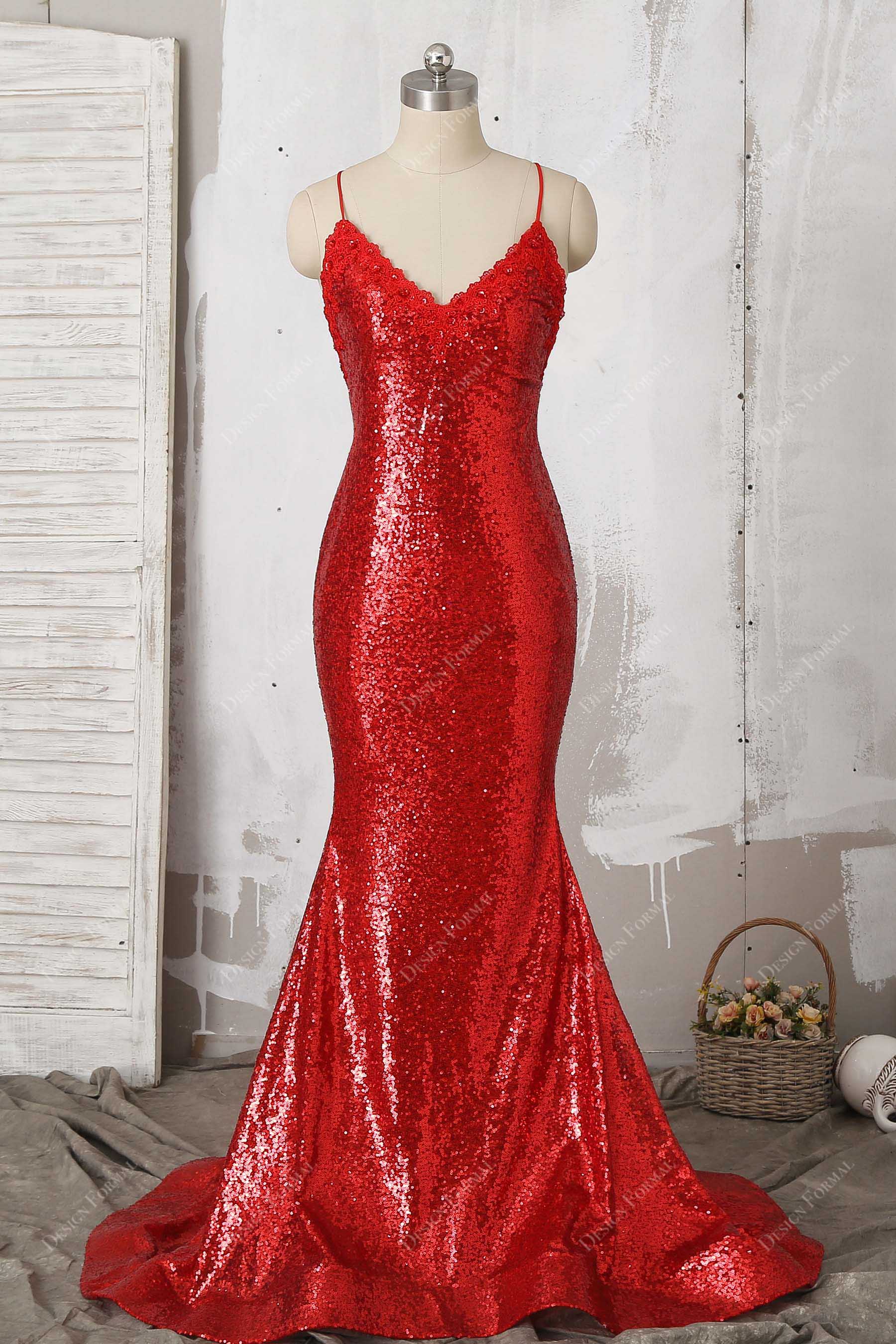 red lace sequin mermaid prom dress
