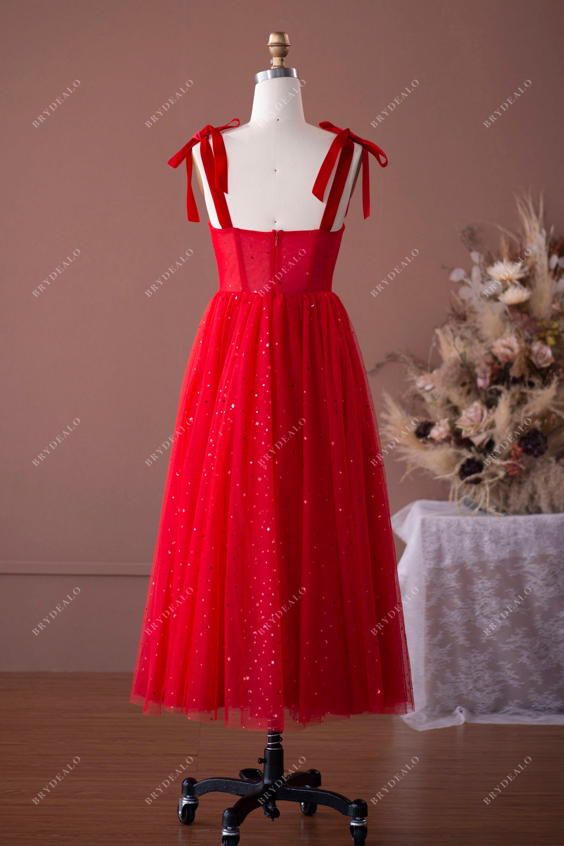 Red Straps Corset Star Tea Length Prom Dress