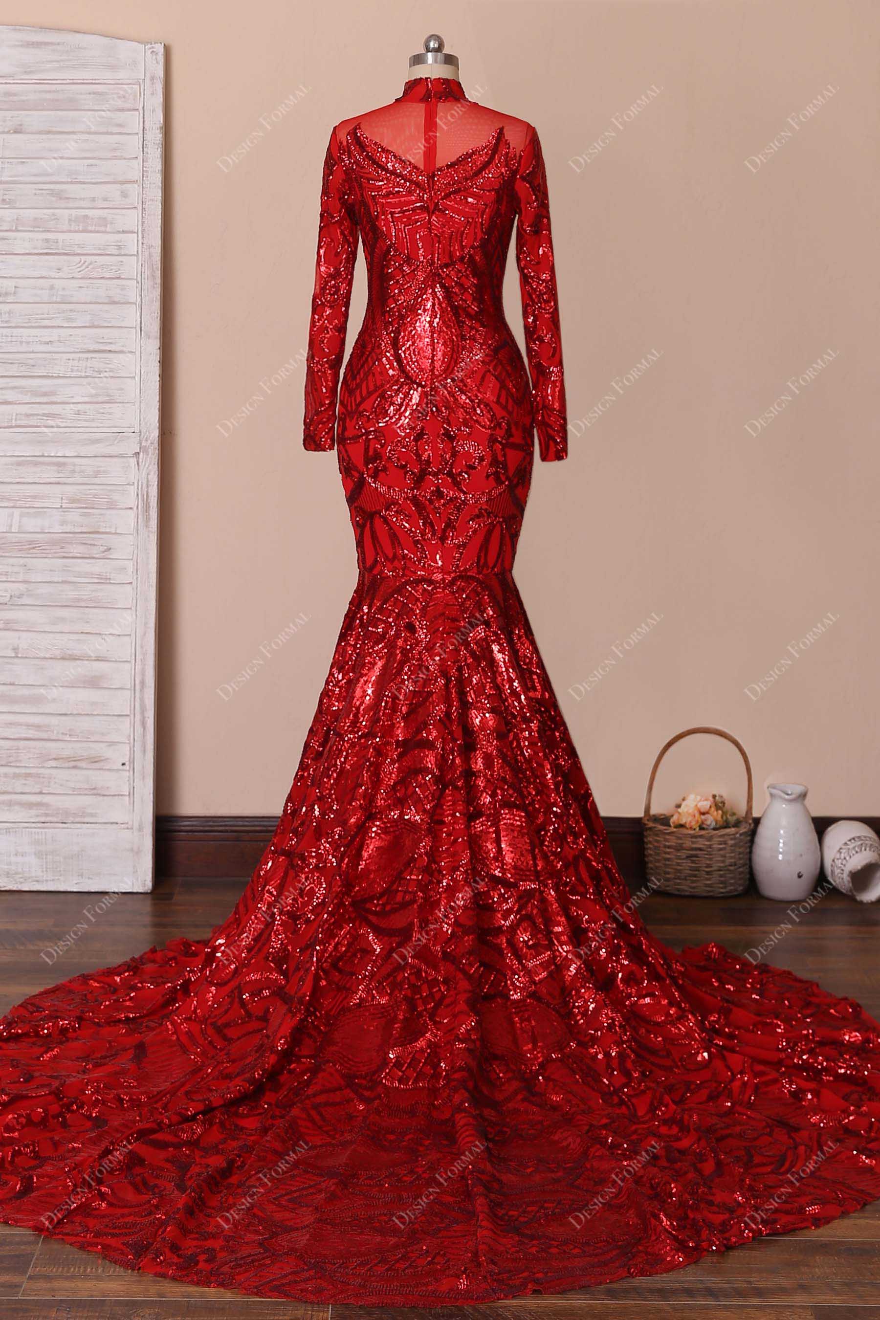 red mermaid long sleeve prom gown