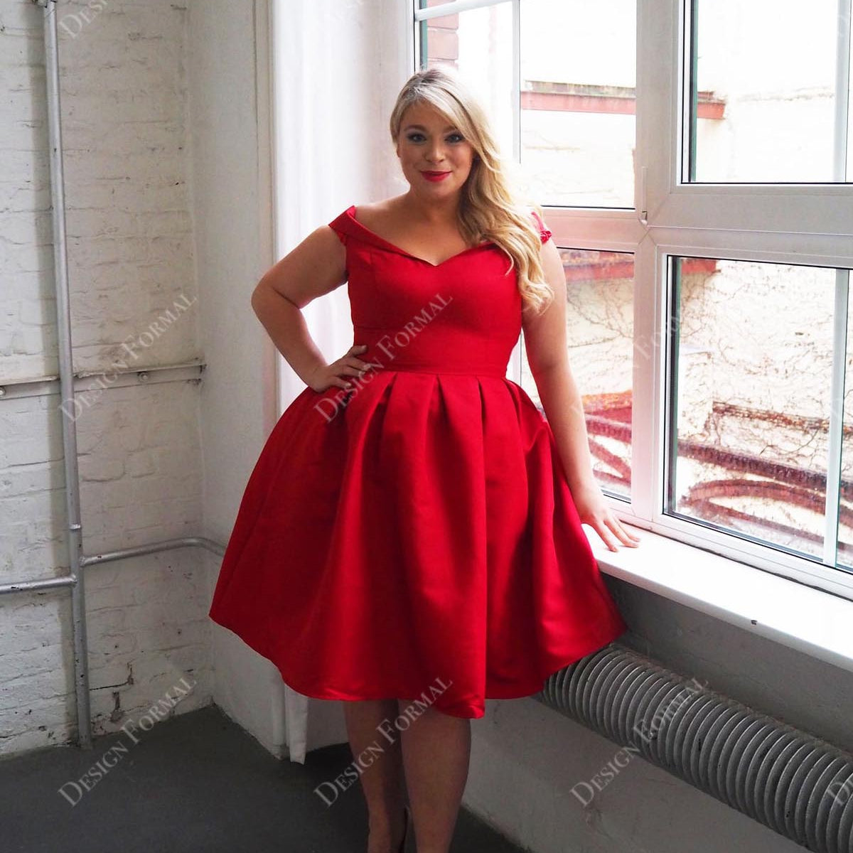 Ruby Satin Off Shoulder Satin Knee Length Plus Size Cocktail Prom Dress