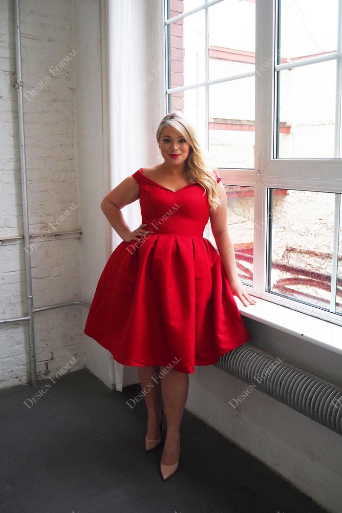 Red Satin Pretty Off Shoulder Knee Length Party Dress , Pretty Party Dress