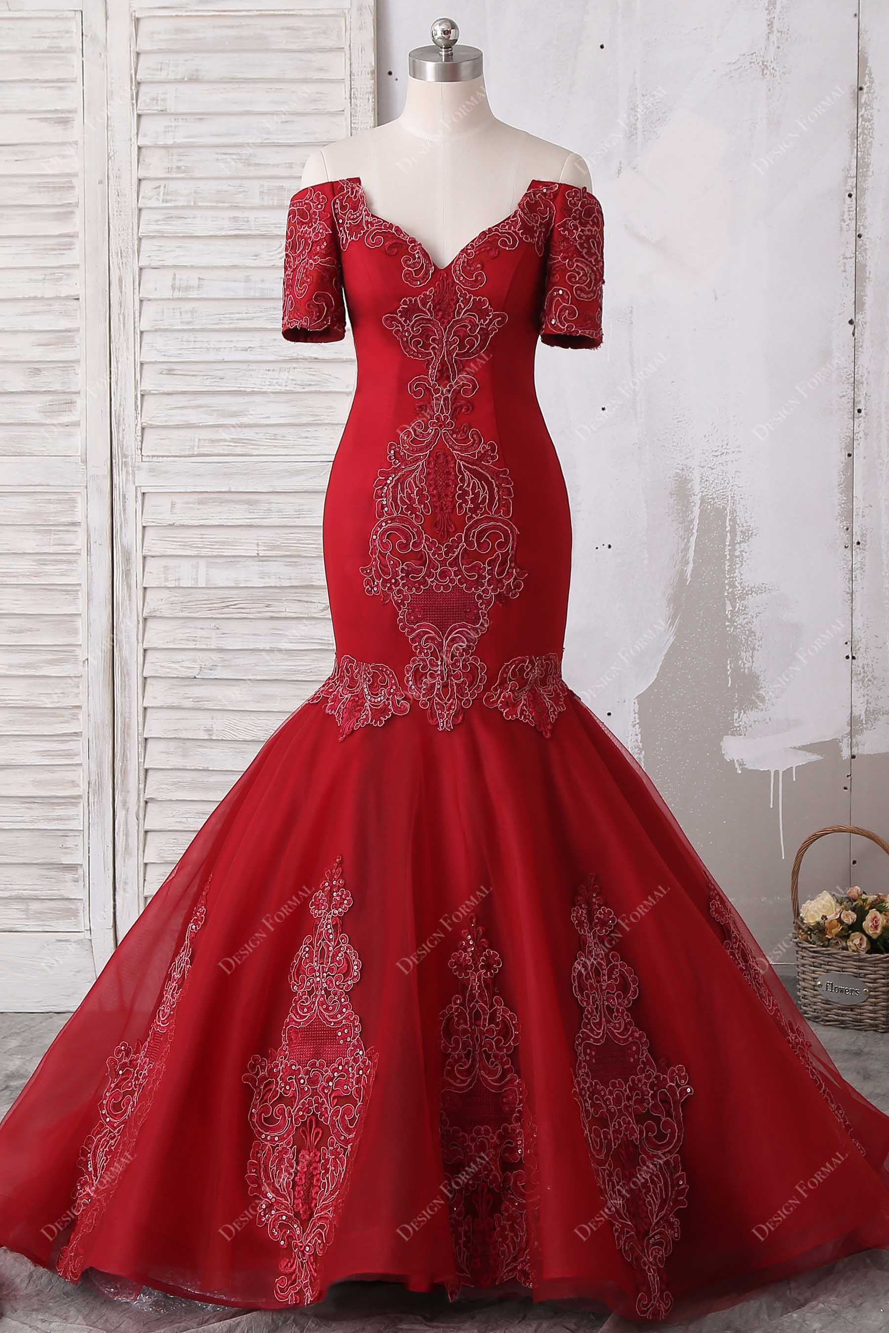 red off-shoulder lace tulle trumpet prom dress 