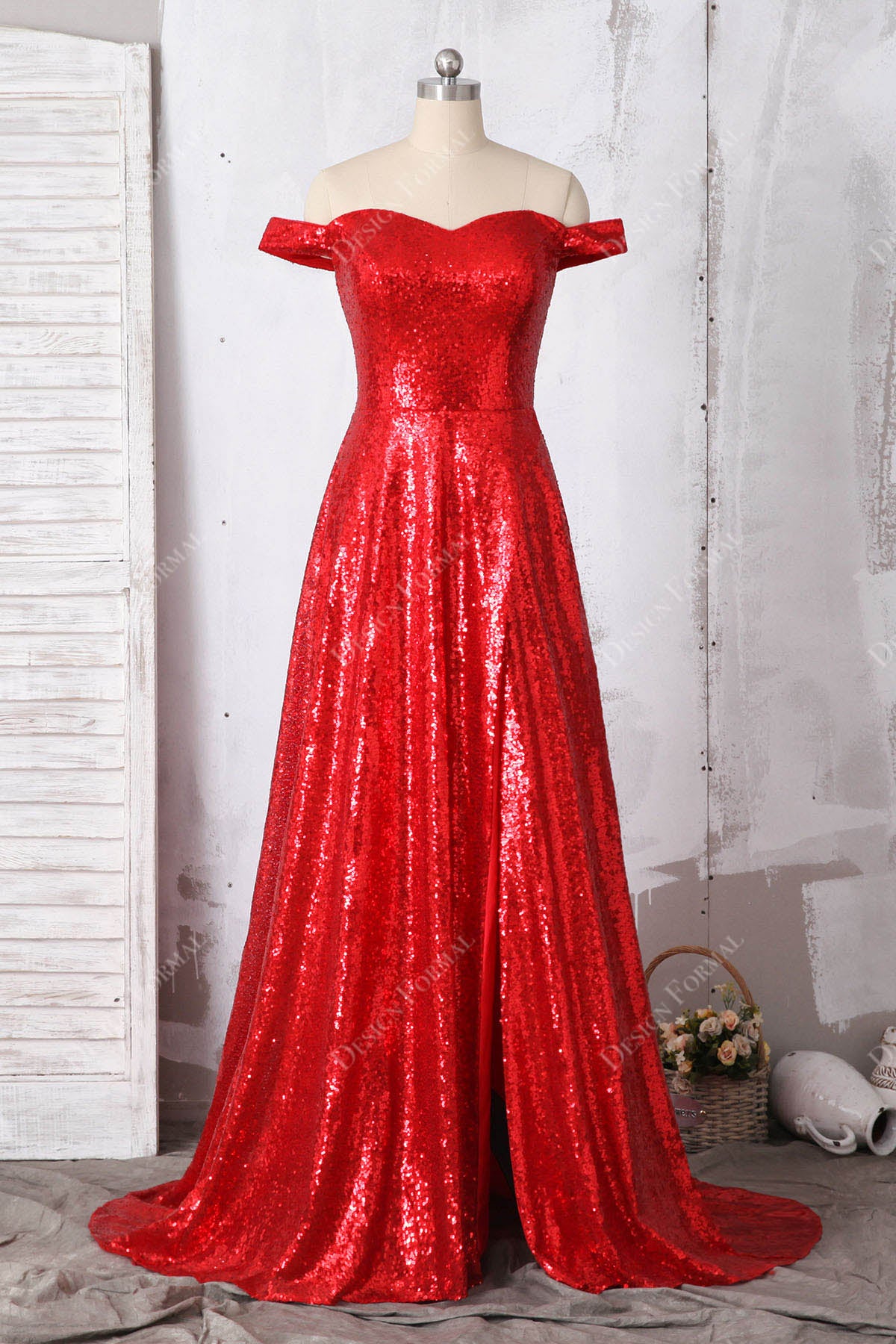 Red Off-shoulder Sparkly Sequin Slit A-line Prom Dress