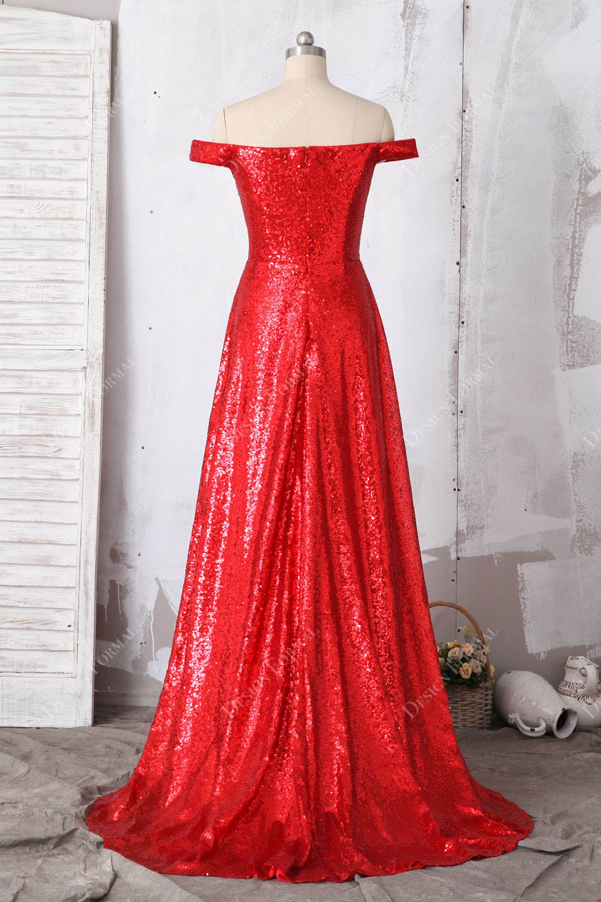 red off shoulder sequin slit prom dress