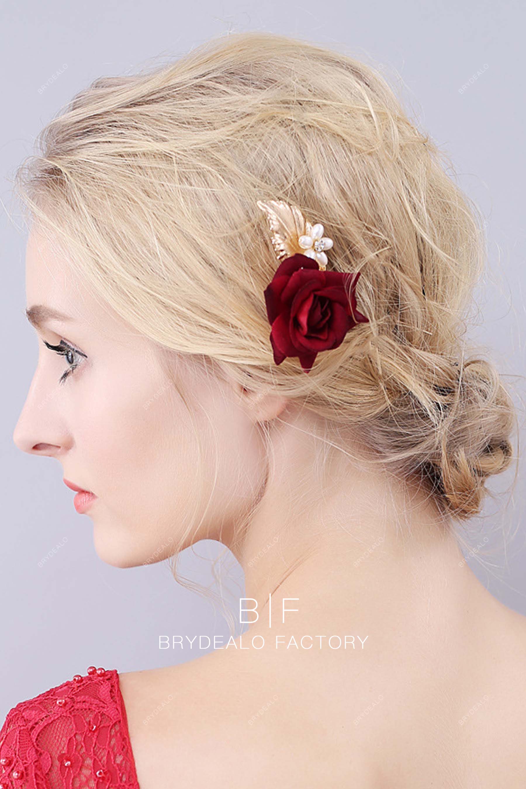 Designer Red Rose Hair Pin Pearls Leaf Bridal Headpiece