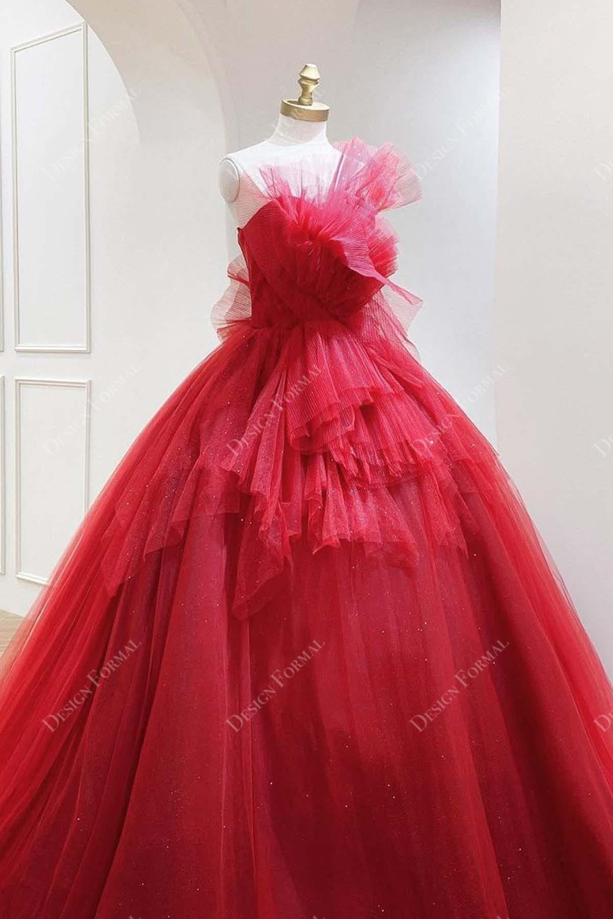 red ruffled bow strapless wedding ball gown