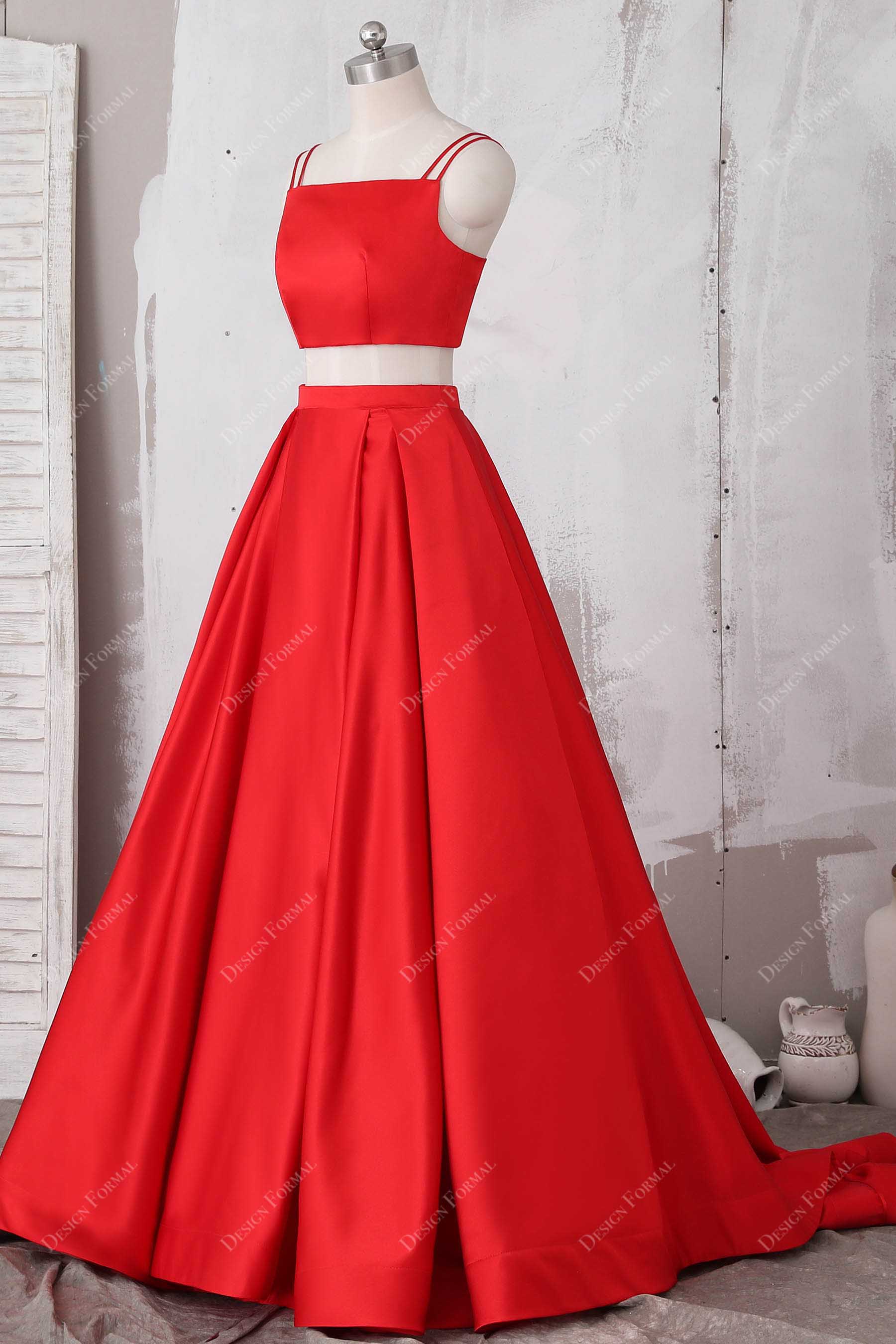 red satin double straps prom dress
