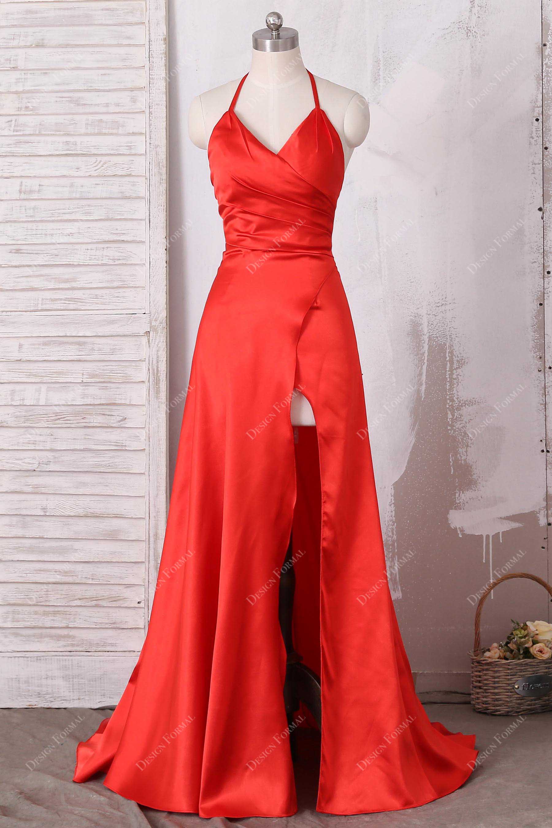 red satin halter neck slit prom dress