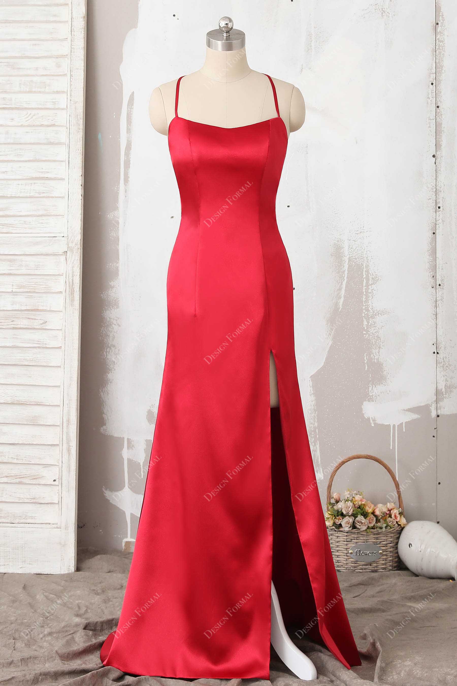 red satin slit simple prom dress