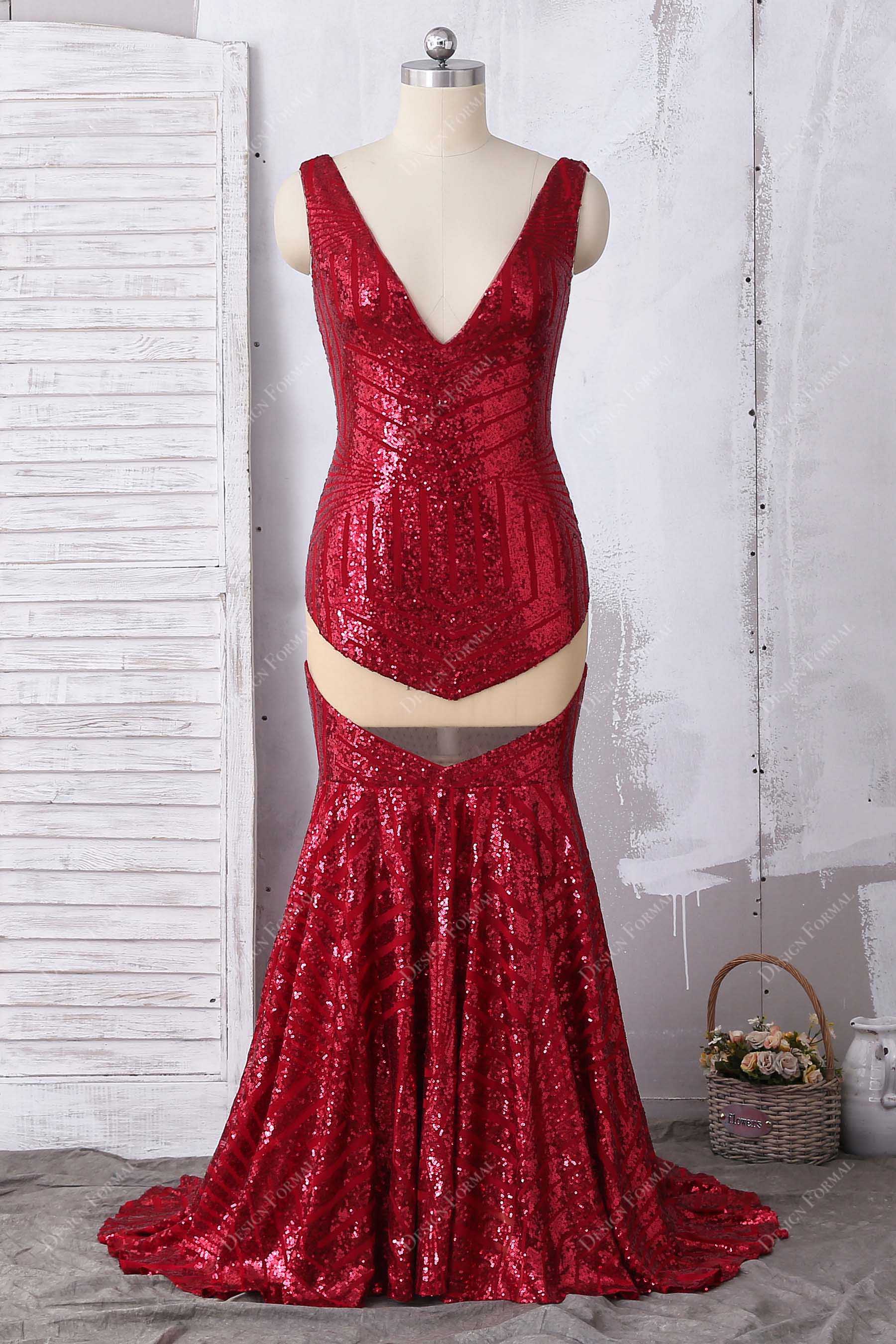 red sequin V-neck illusion mermaid prom gown