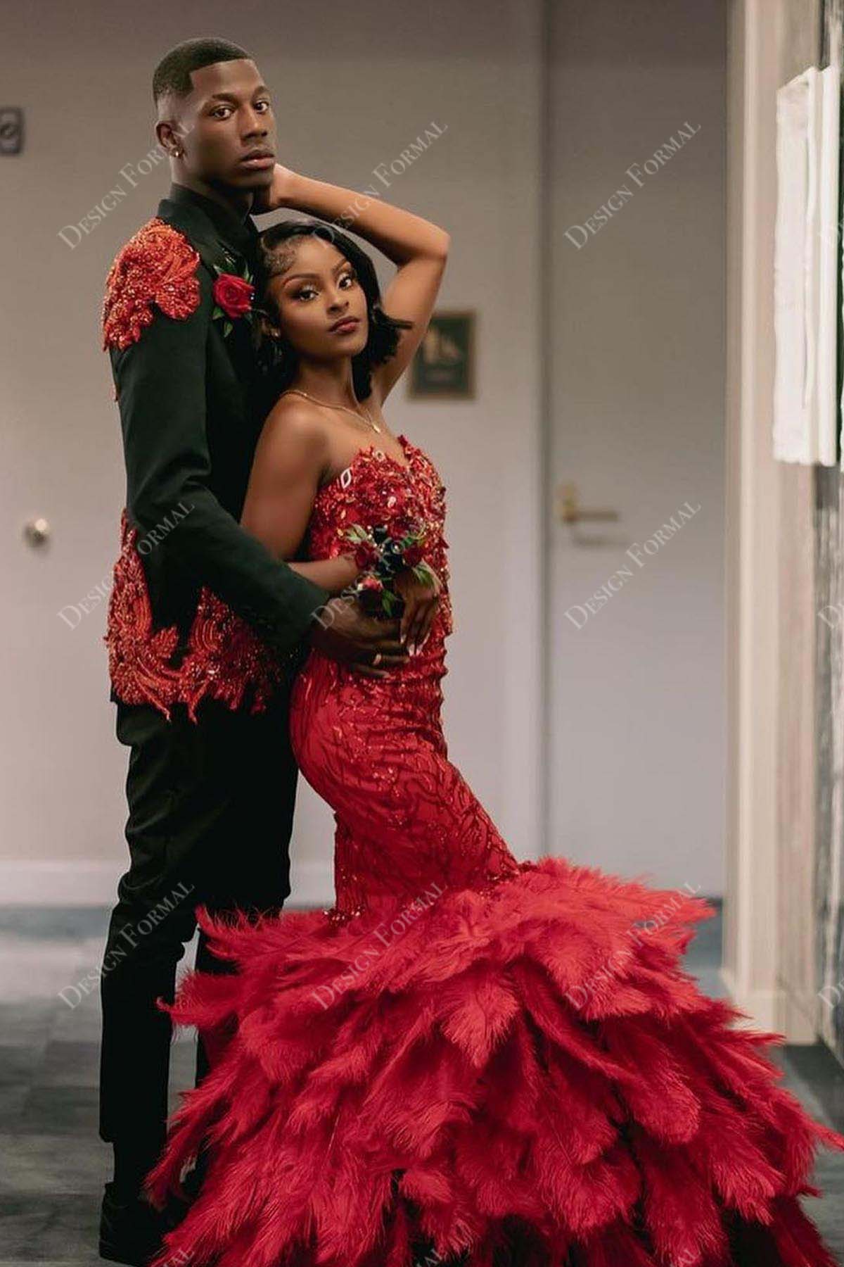 red sequin beaded feathered strapless trumpet prom dress