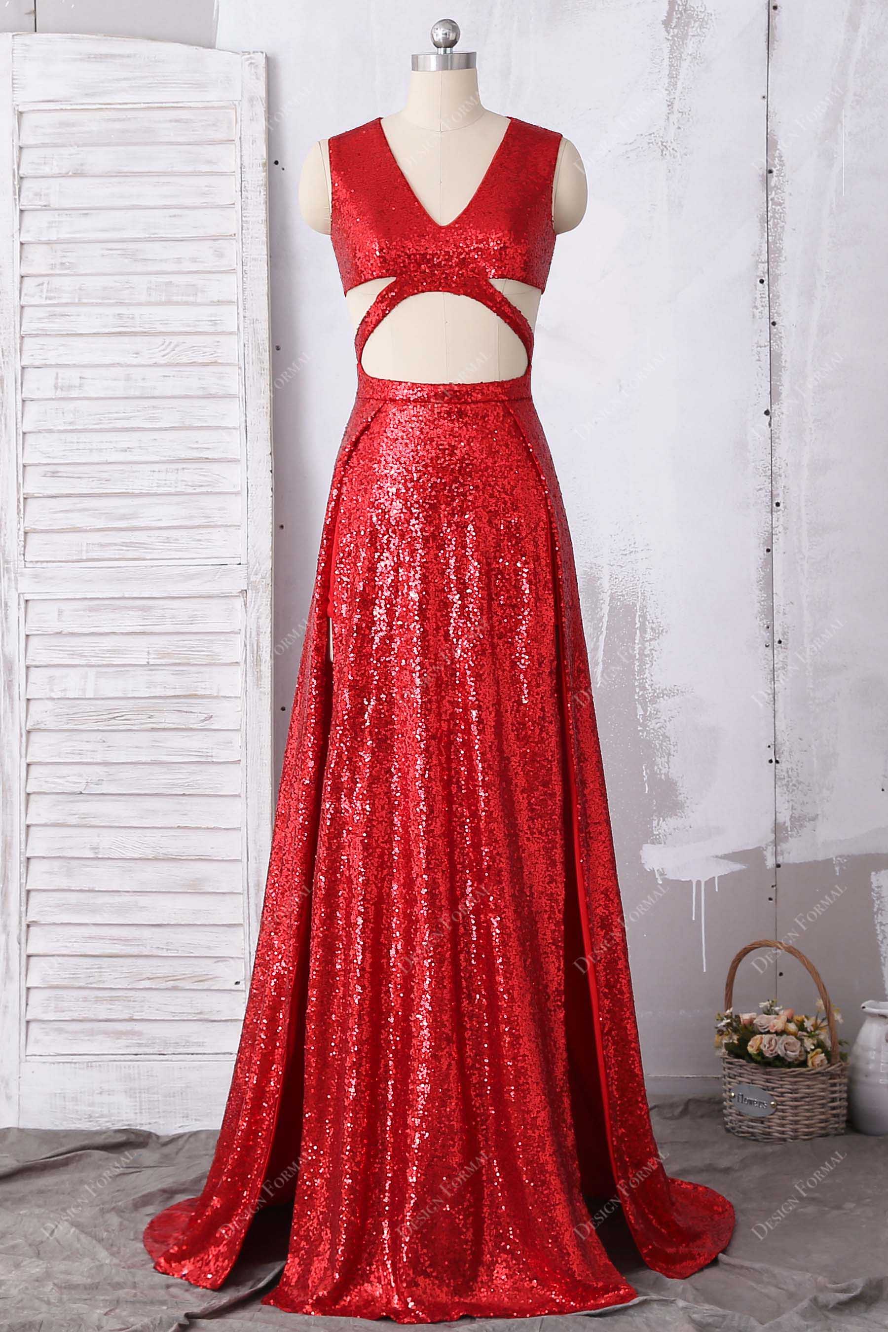 red sequin cutouts A-line slits prom dress