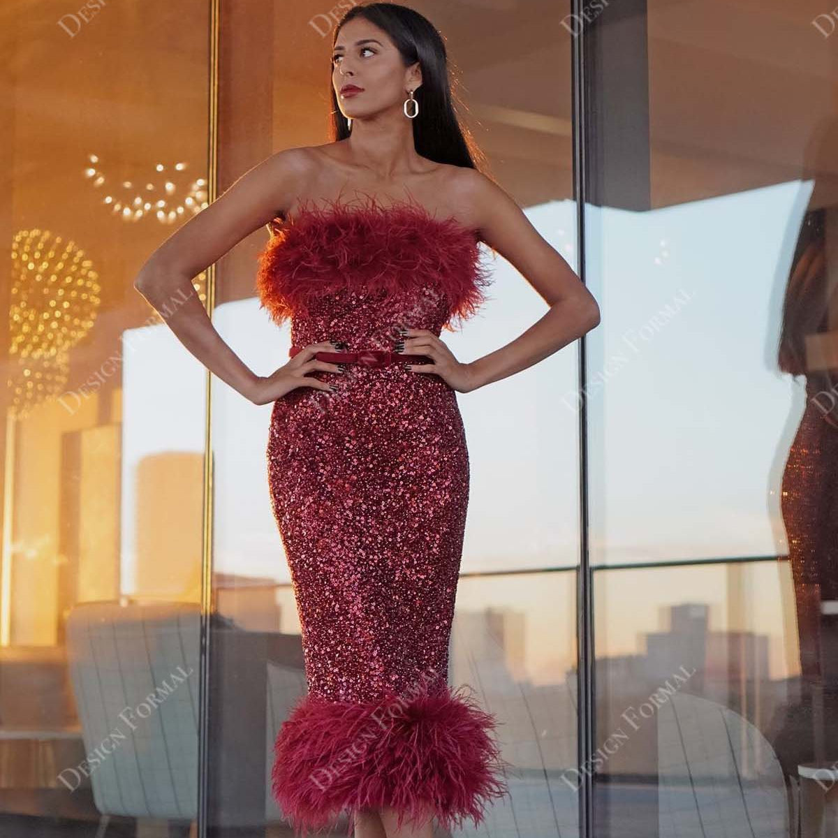 strapless open back dress Wine Sequin Ostrich Feather Strapless Tea Length Custom Prom Dress