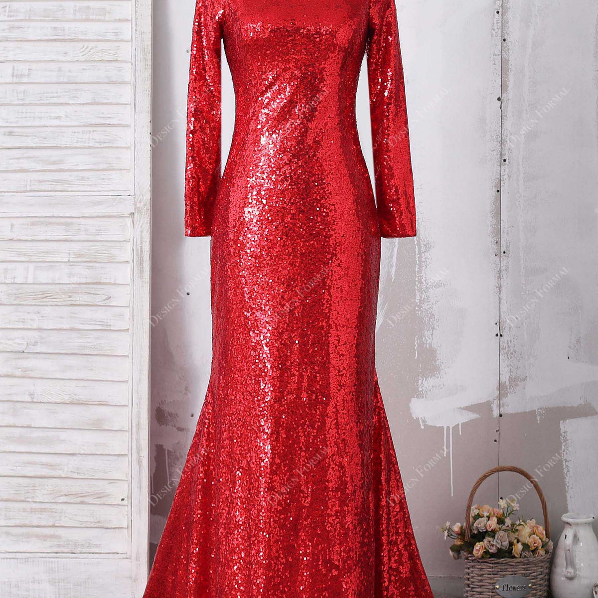Red Sequin Long Sleeve Elegant Boat Neck Plus Size Simple Formal Dress