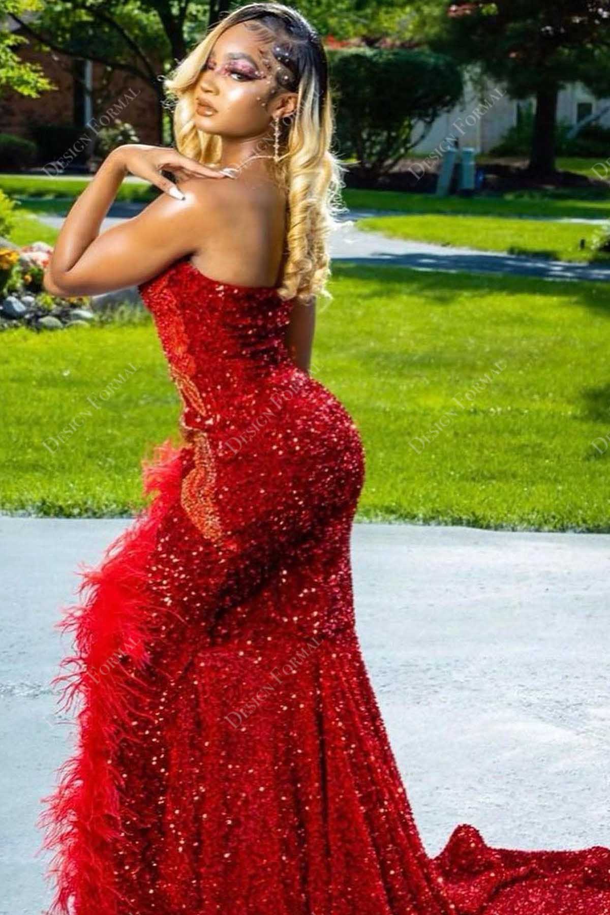 red sequin mermaid strapless prom gown