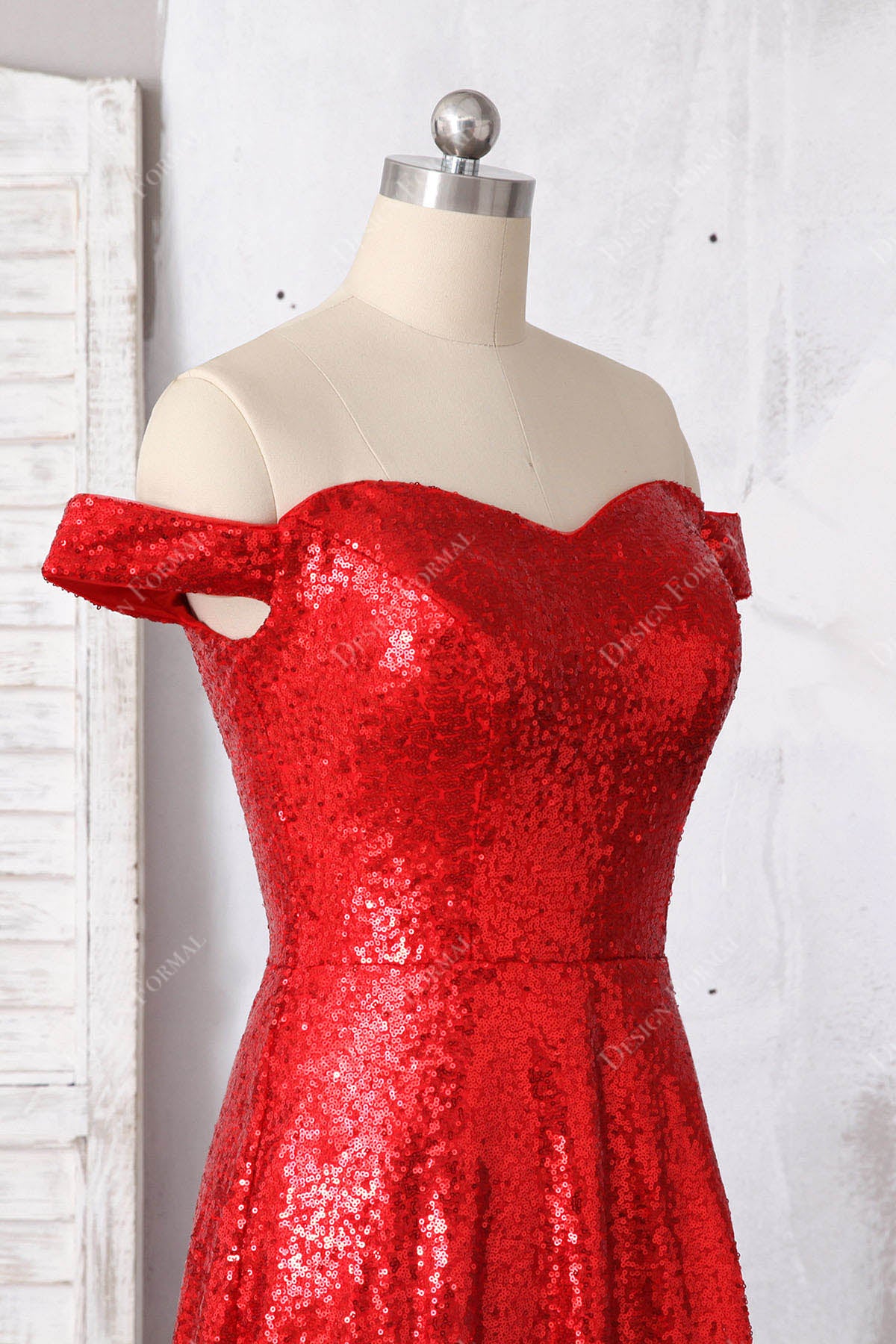 red sequin off shoulder dress