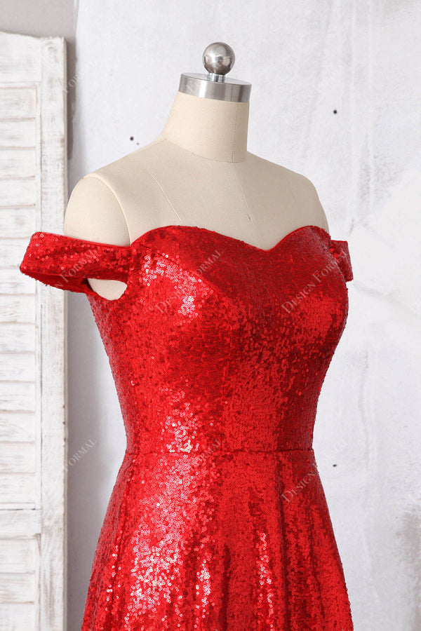 Red Sequin Off-Shoulder Tiered Ruffle Prom Dress with High Slit
