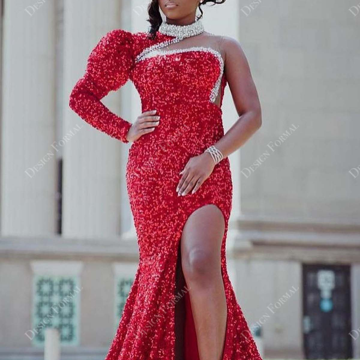 red one sleeve dress Sequin Halter Slit Mermaid Designer Prom Gown Iron Low Heat RESTOCKED 💖🌸 Francesca maxi affordable elegant cream dress Color:Grey Silver