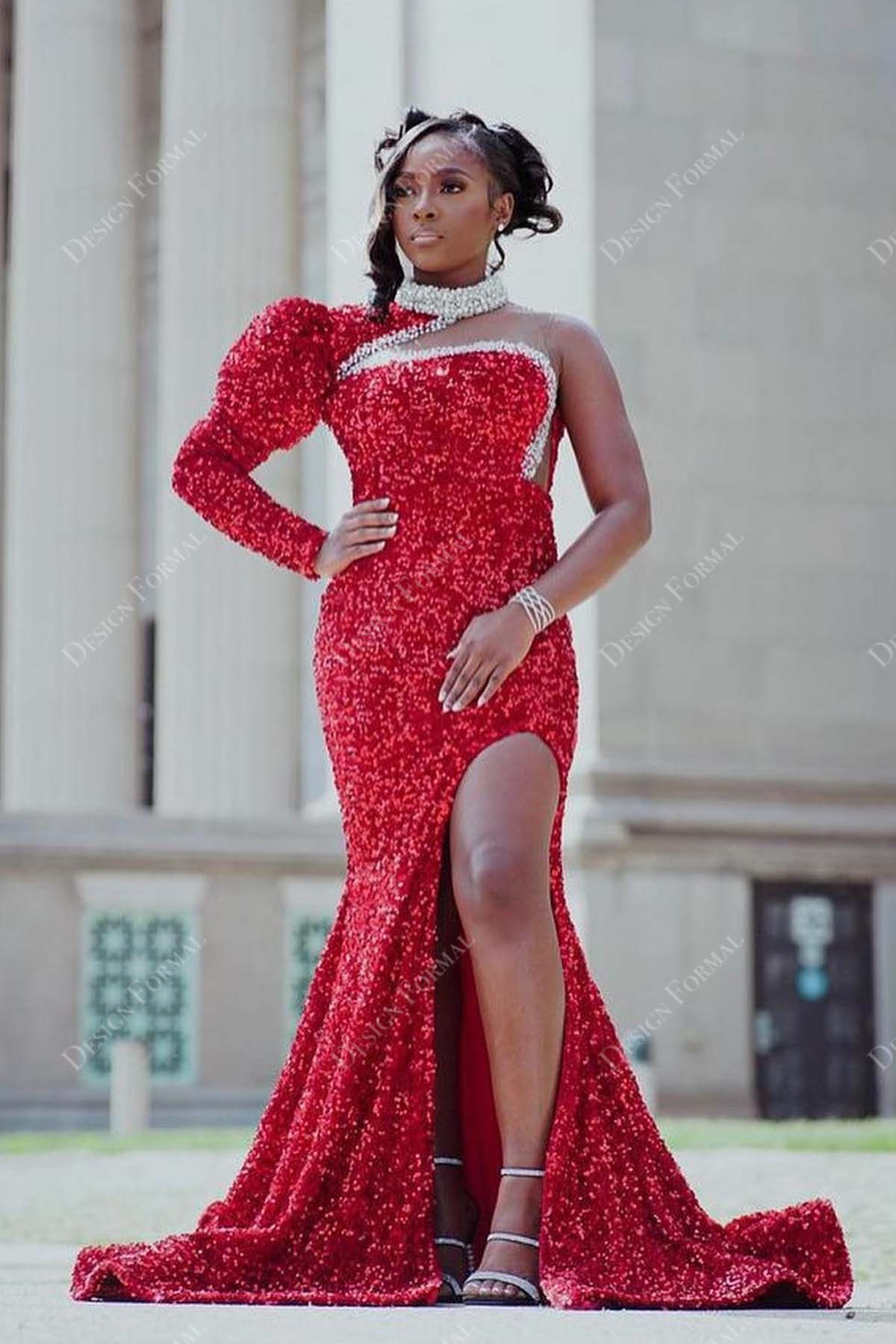 red sequin one sleeve halter neck high slit mermaid prom dress