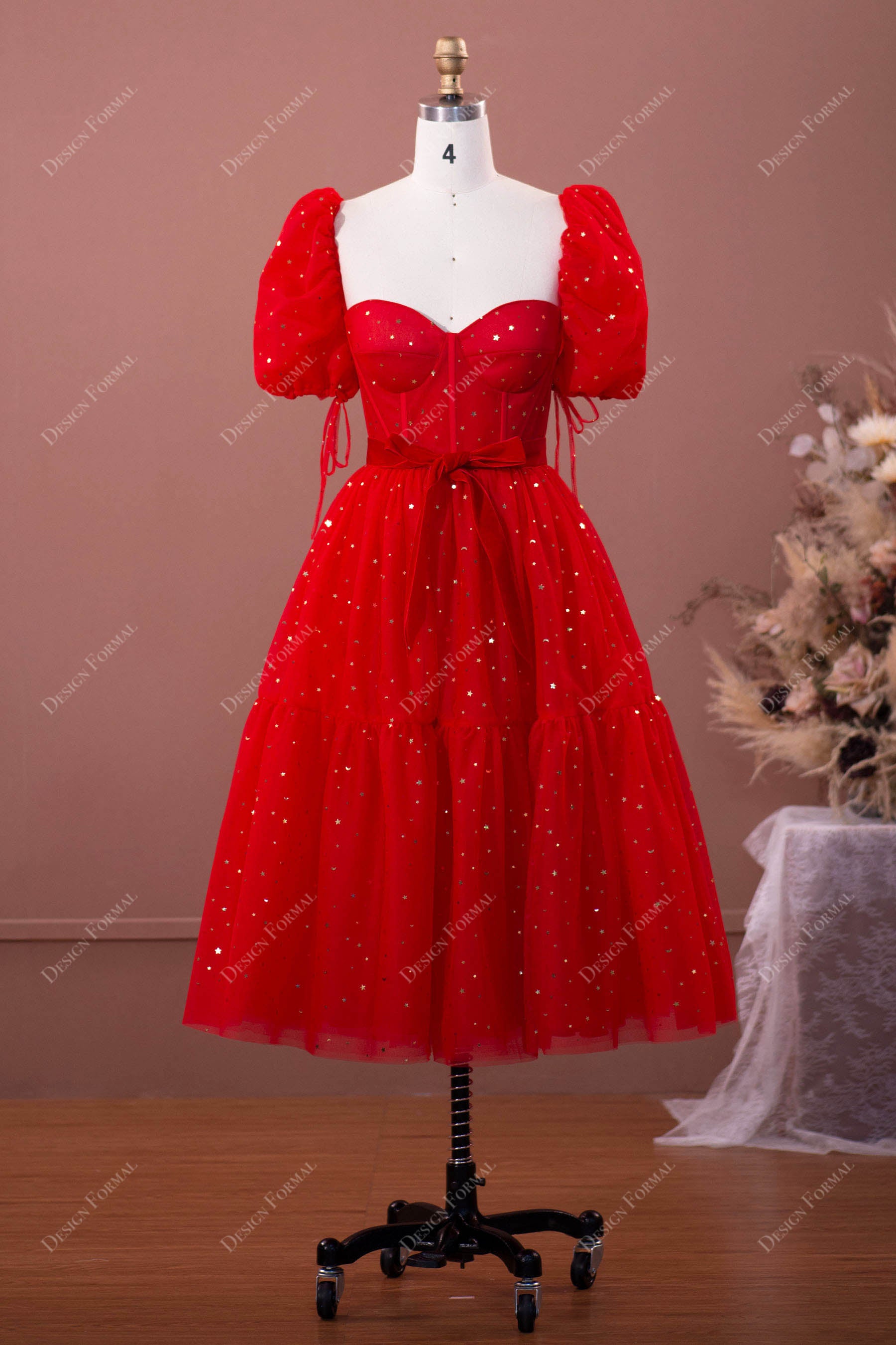 Sequined Red Tulle Puff Sleeve Corset Short Prom Dress