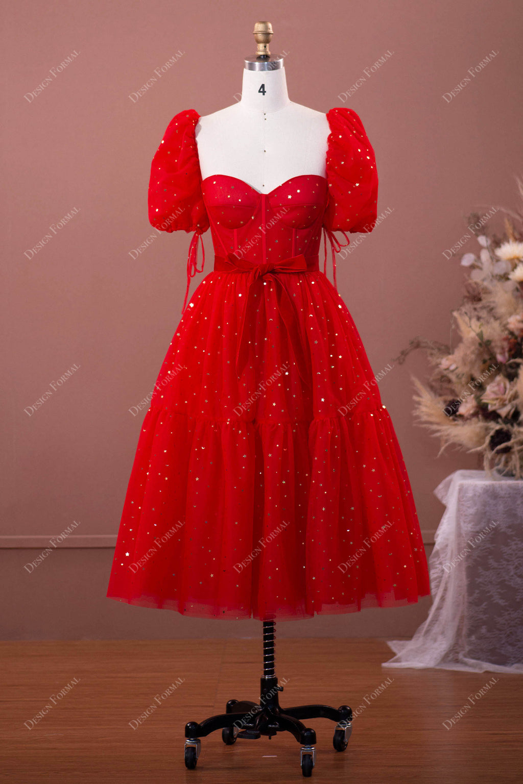 Red Sequined Tulle Puff Sleeve Corset Short Prom Dress