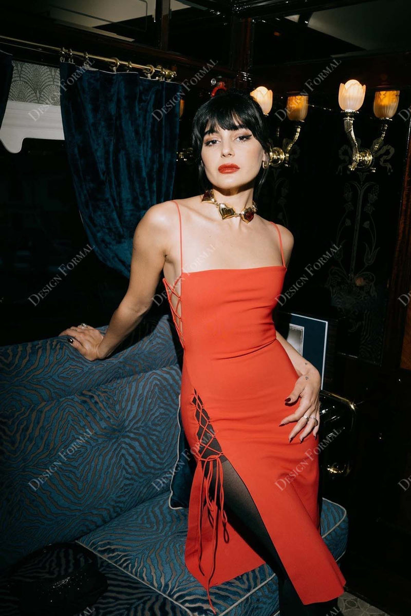 Sheath Spaghetti Straps Square Neck Sexy Dresses with Slit Red