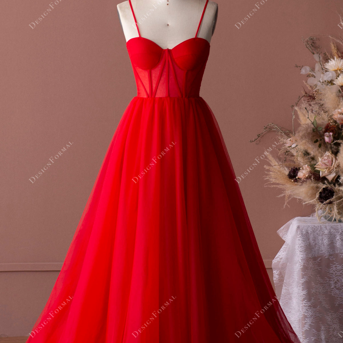 Red Straps Corset Tulle A-Line Stylish Elegant Prom Formal Dress Red Straps Corset Tulle A-Line Stylish Elegant Prom Formal Dress