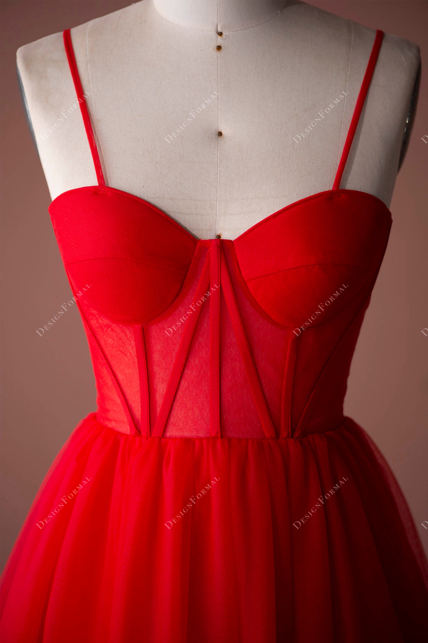 red straps sweetheart neck corset tulle formal dress