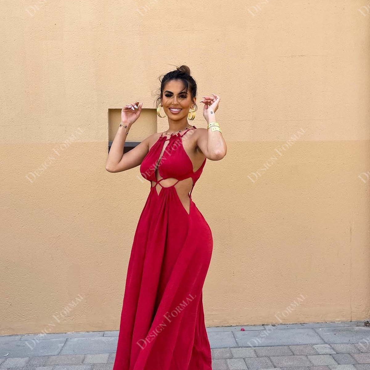 Red Thin Straps Cutout Fit and Flare Designer Prom Dress Red Thin Straps Cutout Fit and Flare Designer Prom Dress