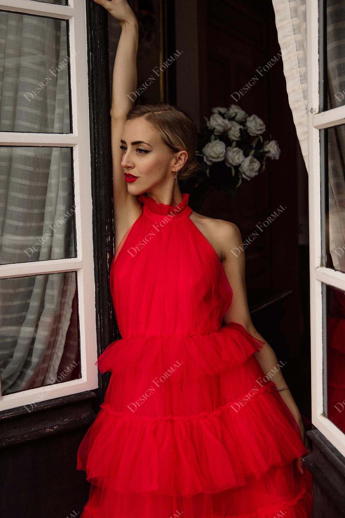 Red halter top prom on sale dress