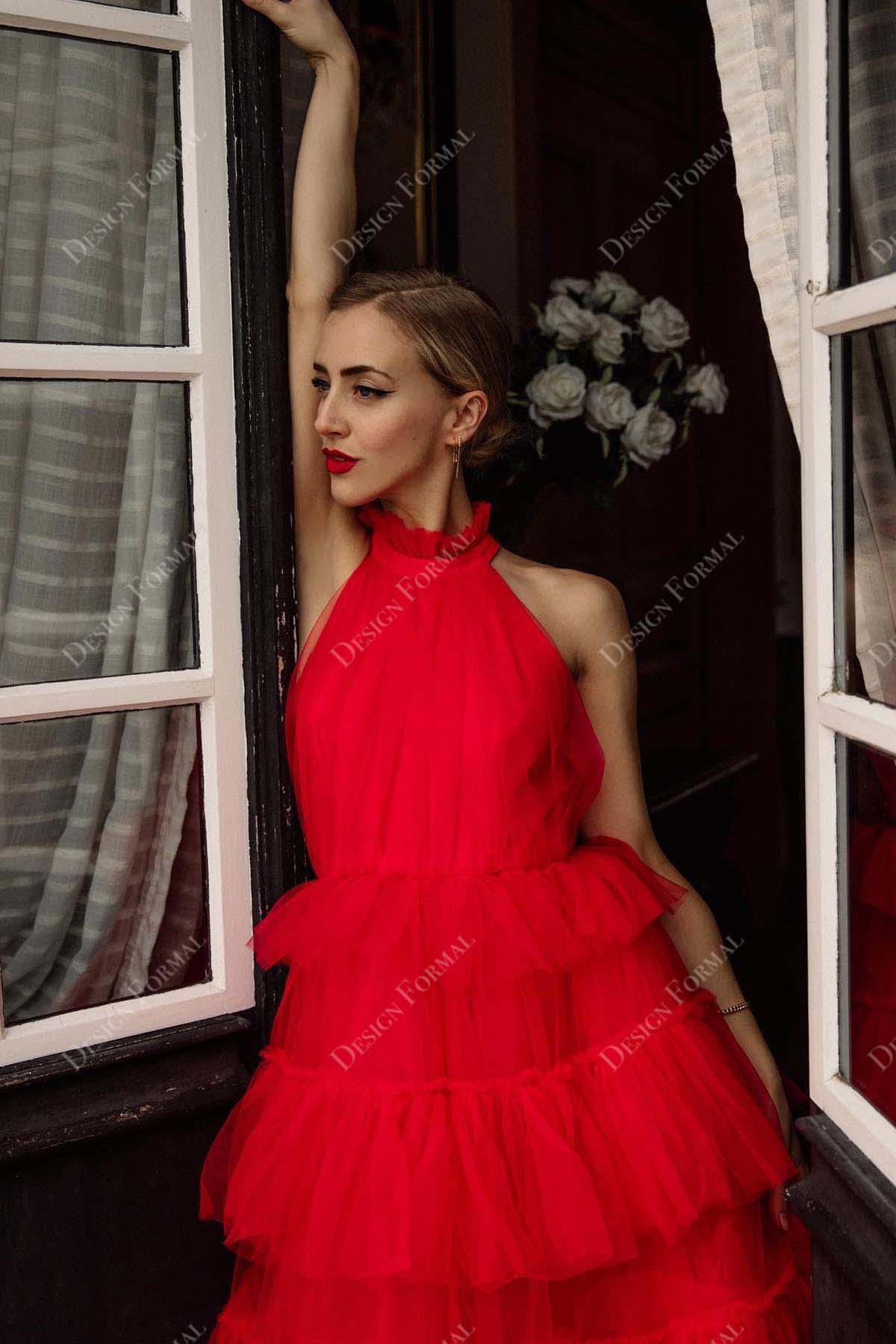 red halter neck tulle tiered sleeveless prom gown