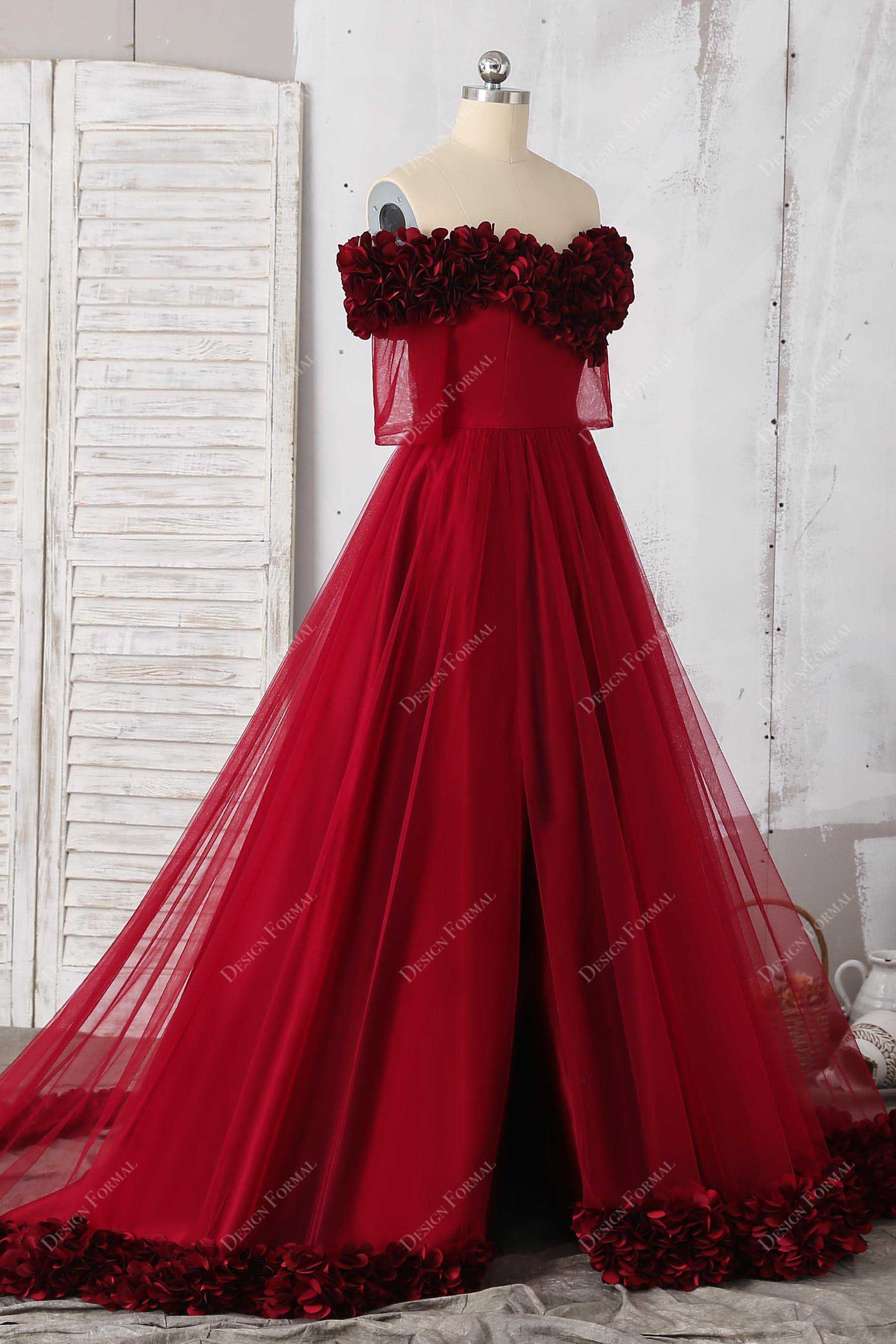burgundy red tulle A line slit short sleeve prom dress