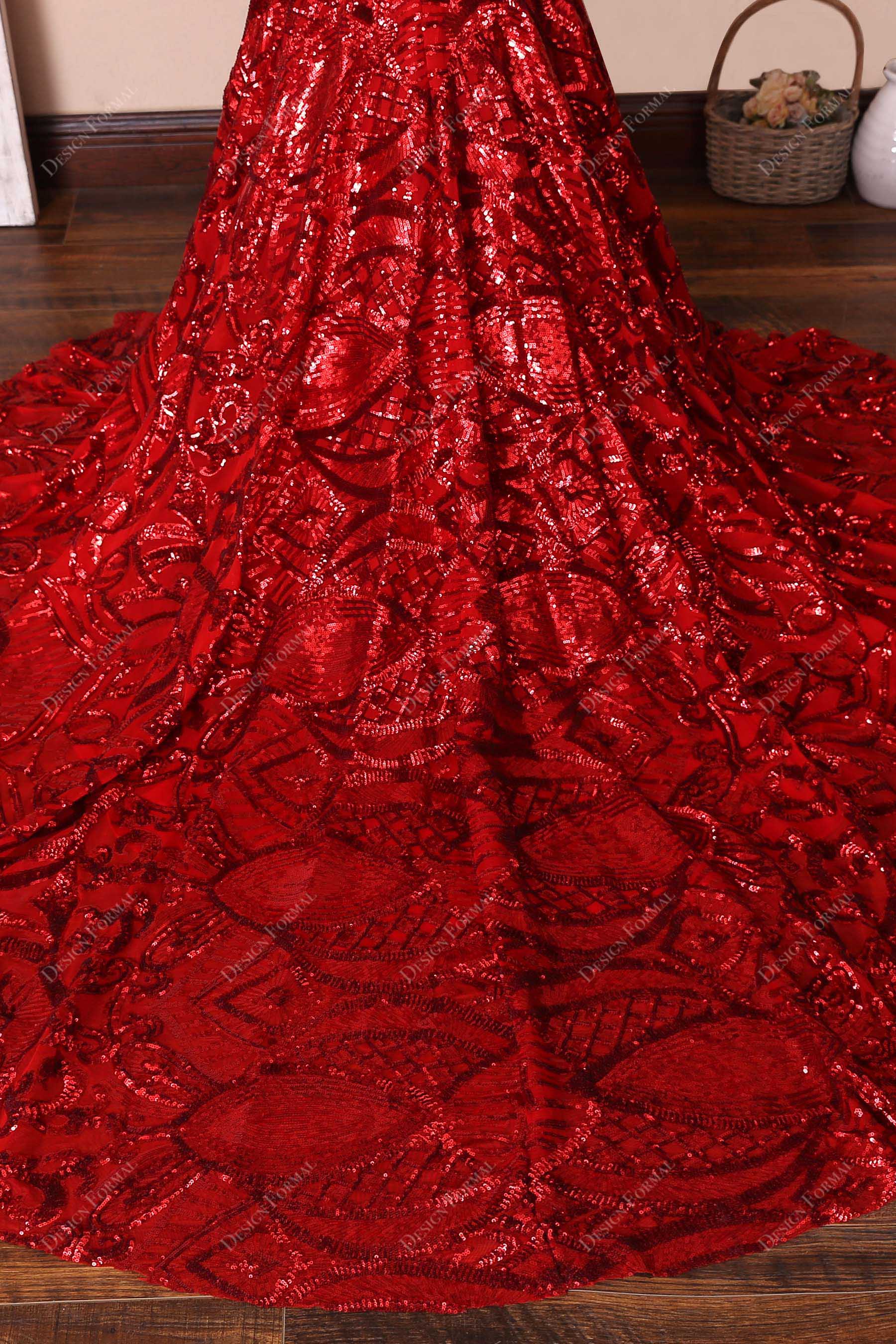 red unique patterned sequin chapel train prom gown