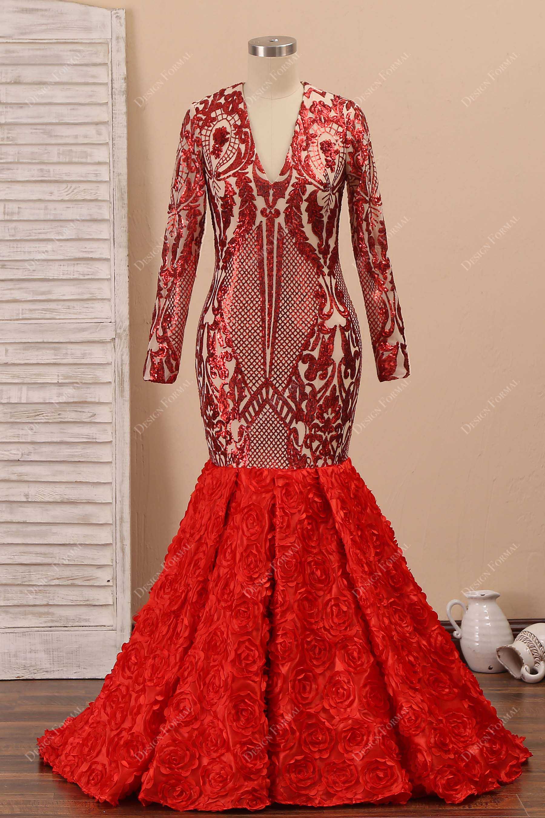 red unique sequin 3d roses trumpet prom gown