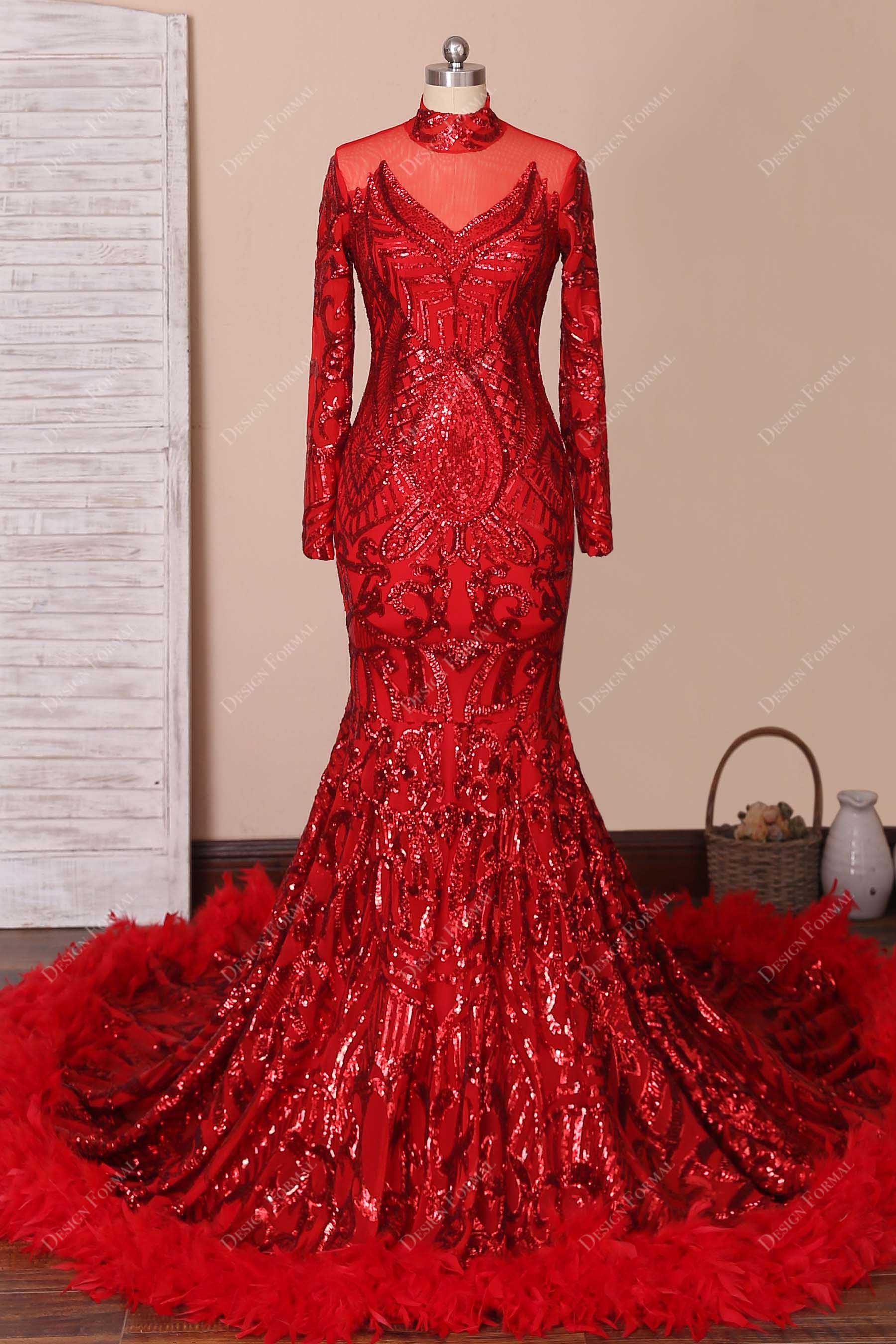 red unique sequin feathered mermaid prom dress 