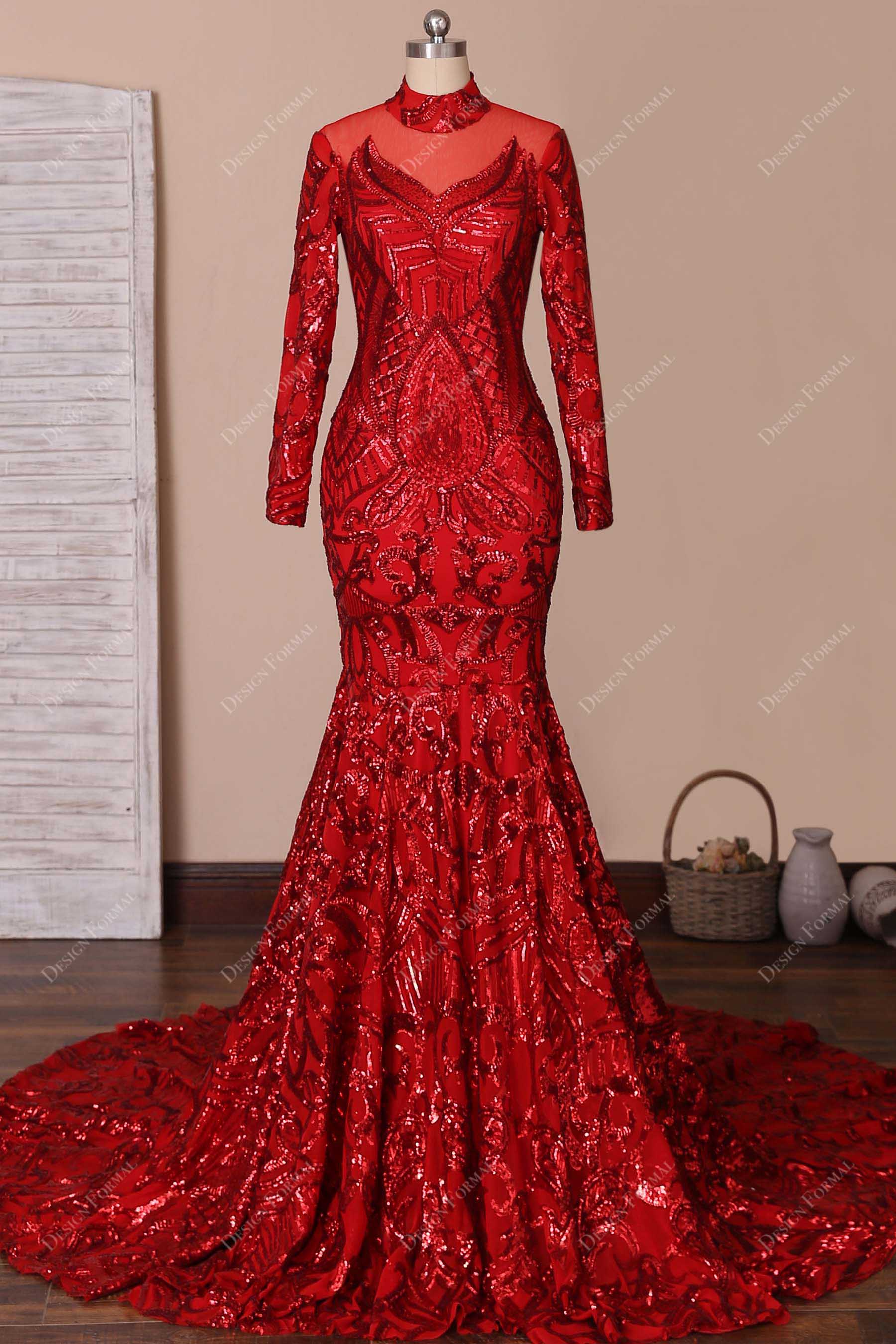 red unique sequin mermaid high neck prom dress 
