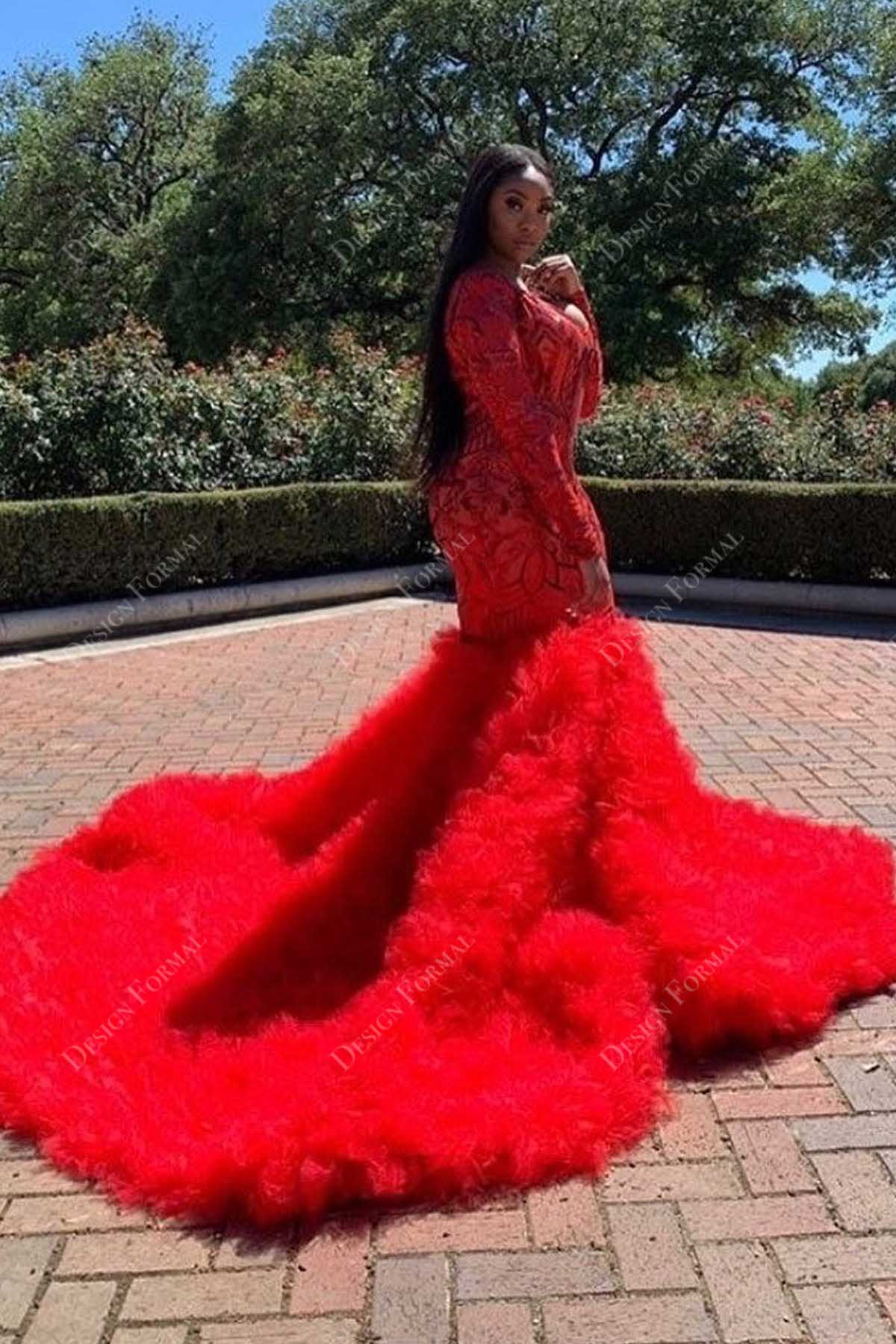 red unique sequin ruffled tulle trumpet prom gown