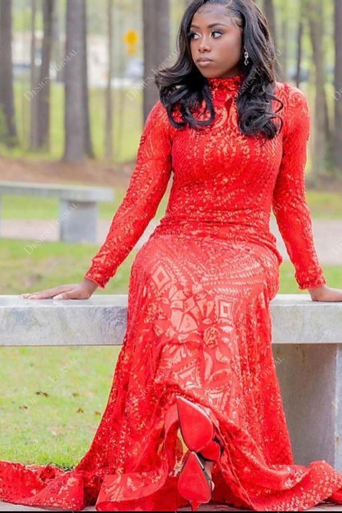 High Neck Red Sequin Mermaid Long Sleeve Prom Dress
