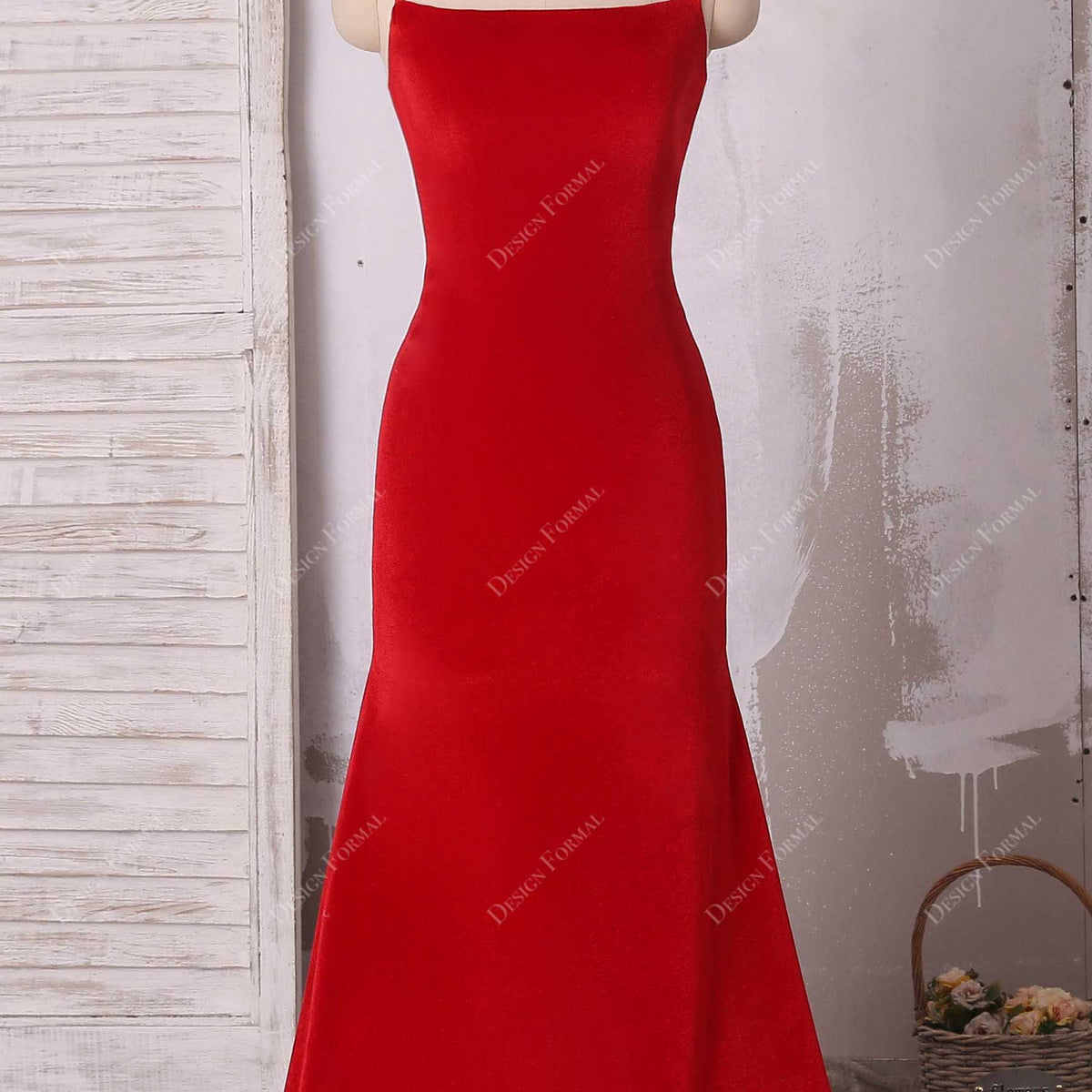 Elegant Red Velvet Strappy Back Simple Mermaid Prom Dress