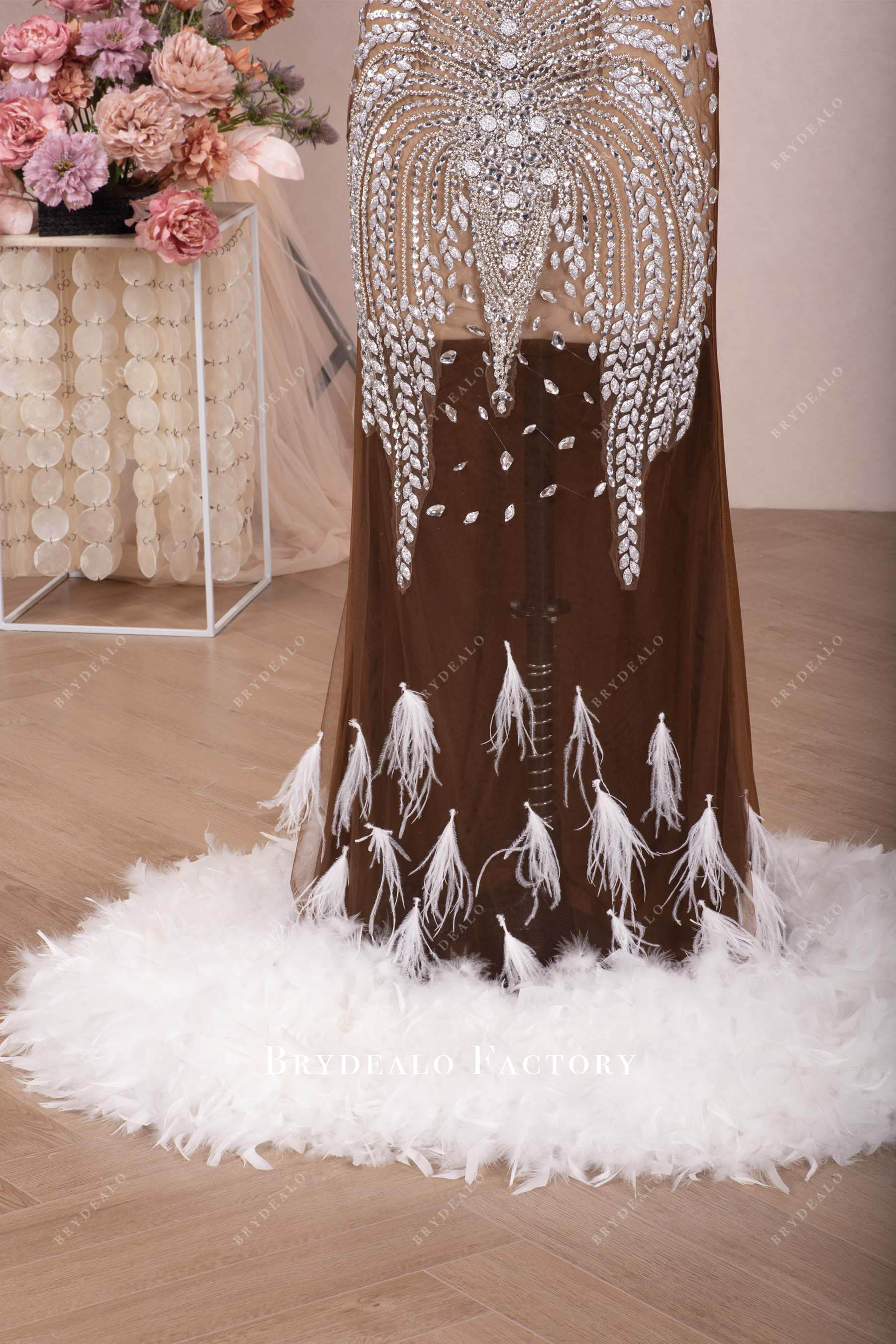 sparkly rhinestones white feather brown nude prom dress
