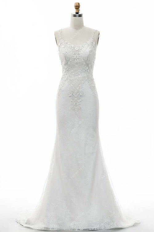 Elegant Mermaid Scoop Neck Lace Wedding Dresses with Slit VK073196