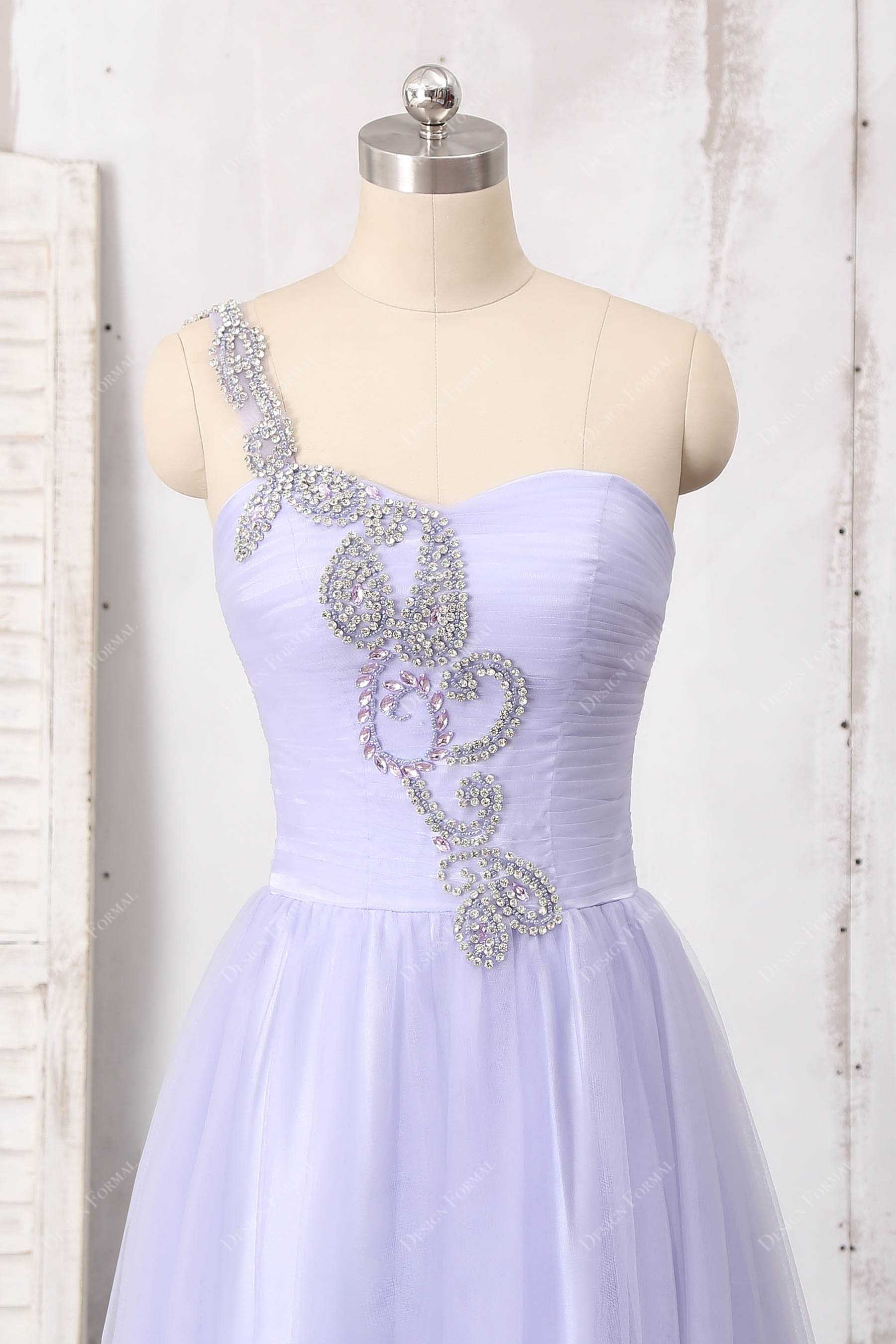 rhinestones one shoulder lilac prom dress