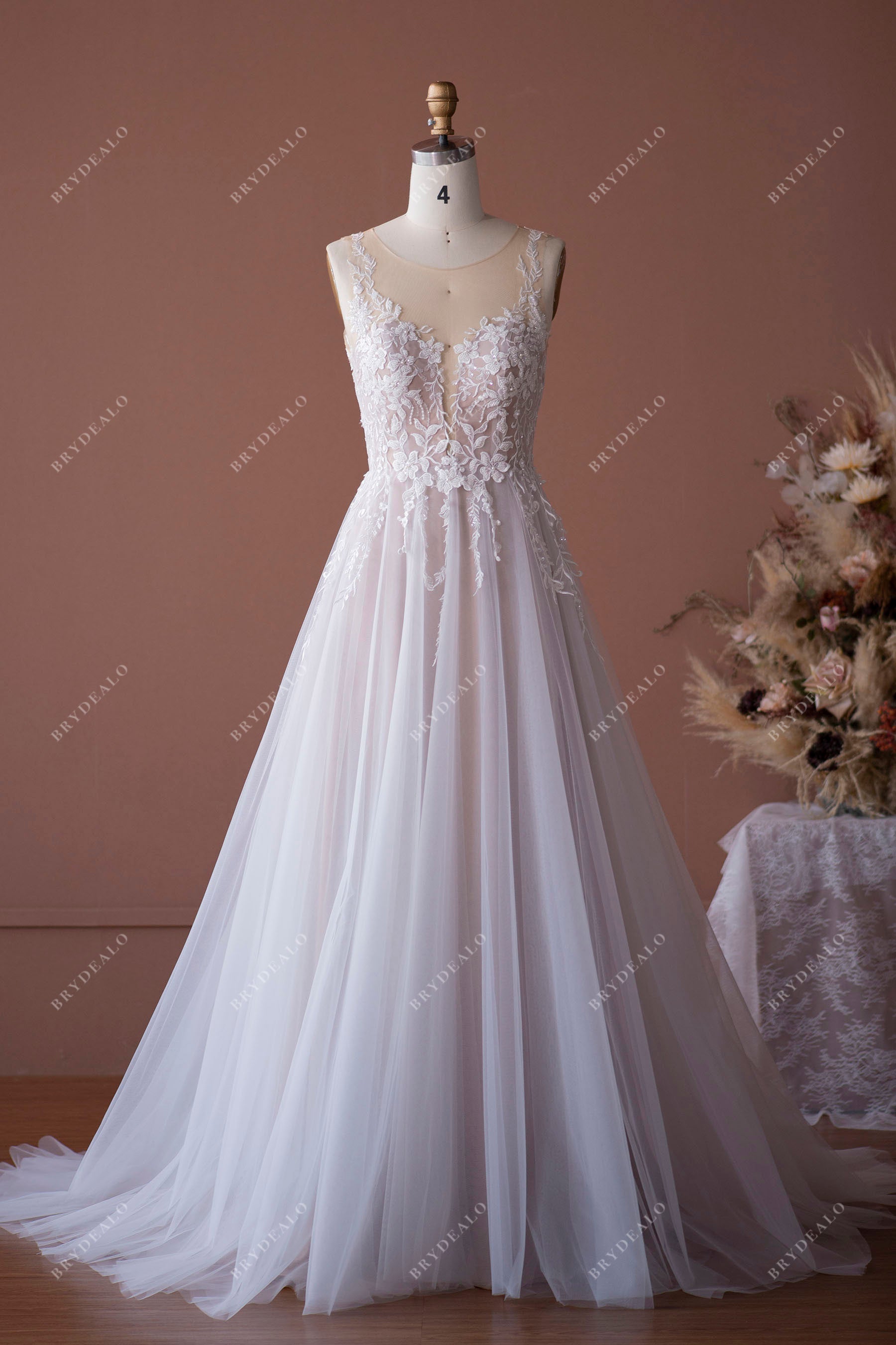 Nude Beige Sleeveless Romantic Beaded Lace A-line Bridal Dress