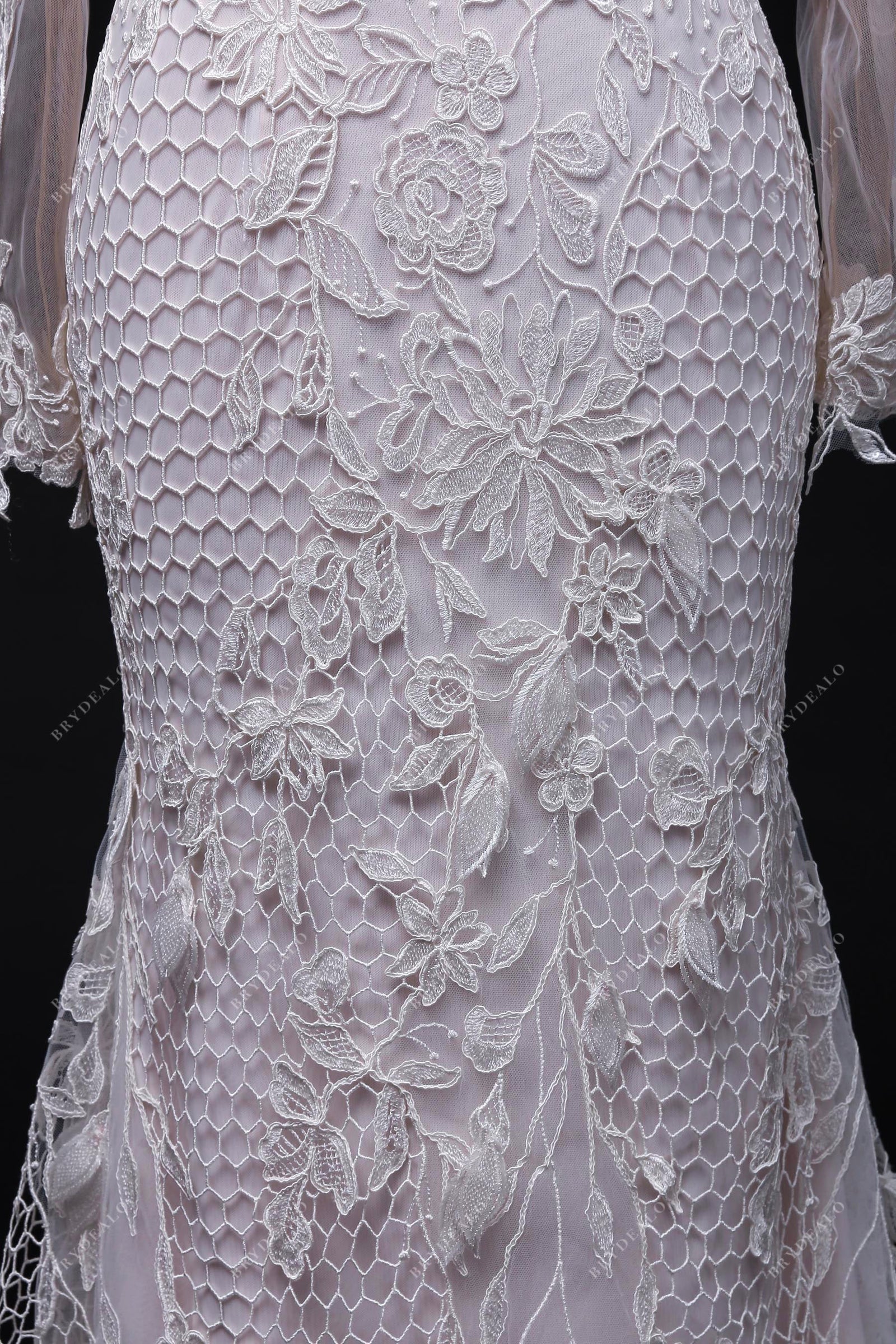 Luxurious Illusion Sleeved Lace A-line Nude Pink Bridal Dress